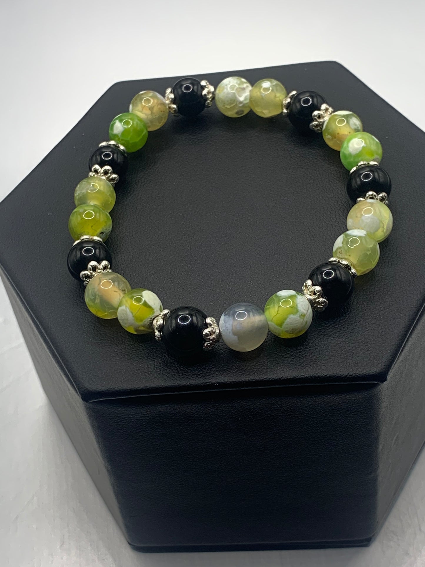 Black obsidian with yellow green white orca agate semi precious stone/crystal beaded elastic bracelet with silver plated flower bead caps