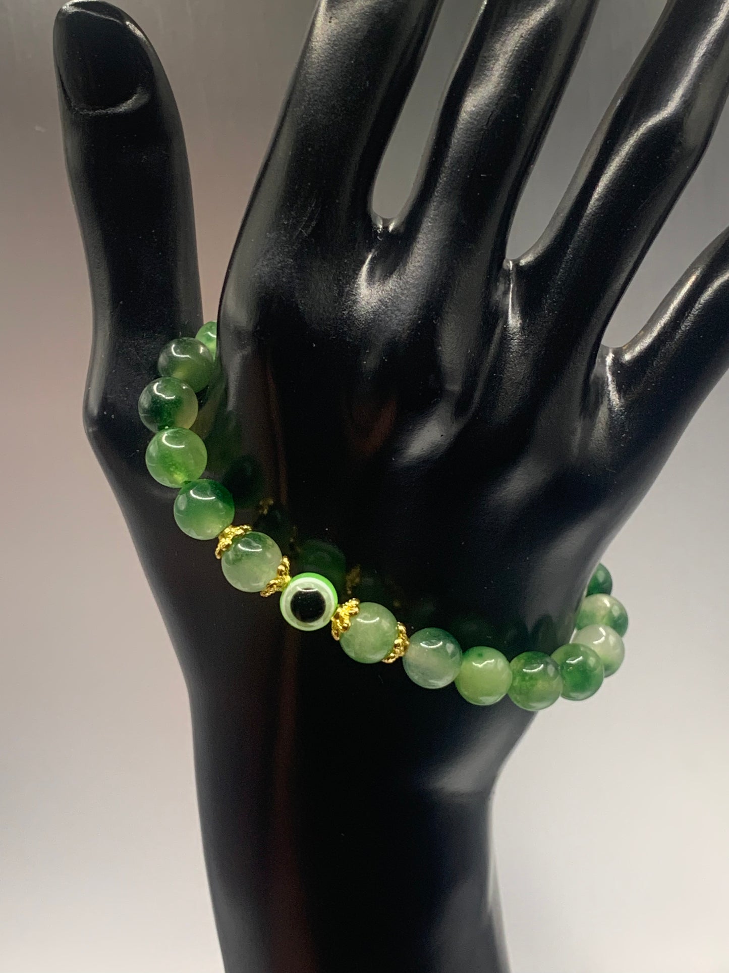 Green agate semi precious stone/crystal with resin evil eye beaded elastic bracelet