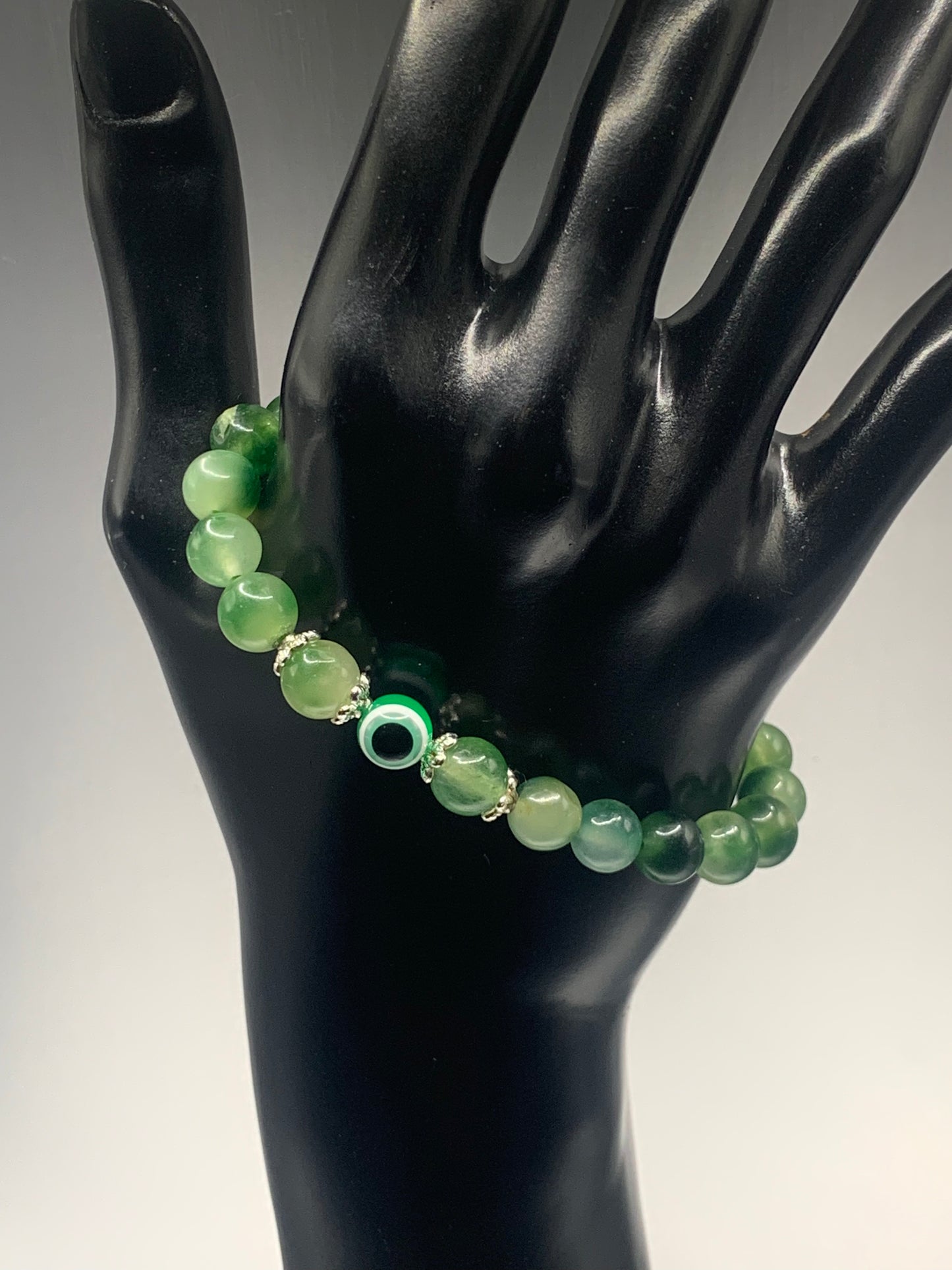 Green agate semi precious stone/crystal with resin evil eye beaded elastic bracelet