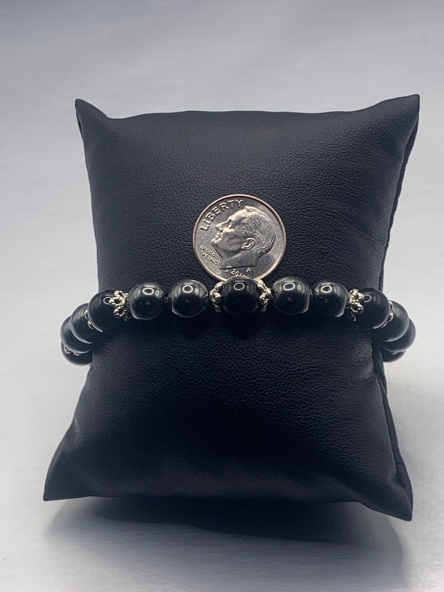 Black obsidian with hematite semi precious stone/crystal beaded elastic bracelet with silver plated flower bead caps
