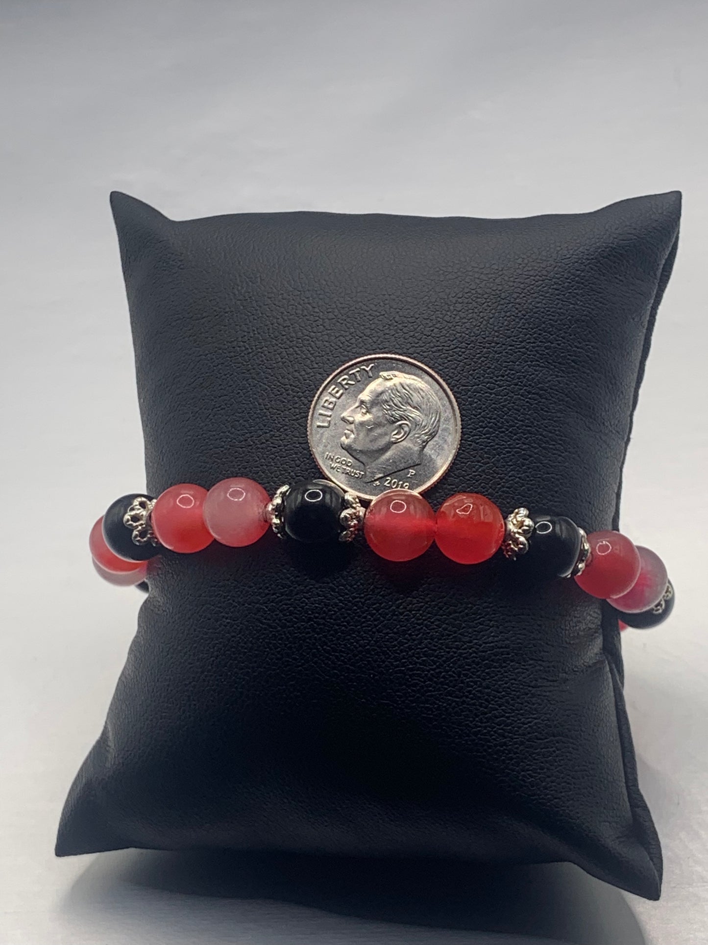 Black obsidian with hot pink agate semi precious stone/crystal beaded elastic bracelet with silver plated flower bead caps