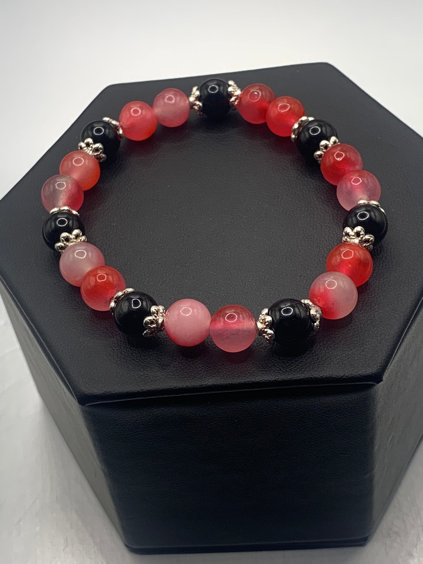 Black obsidian with hot pink agate semi precious stone/crystal beaded elastic bracelet with silver plated flower bead caps