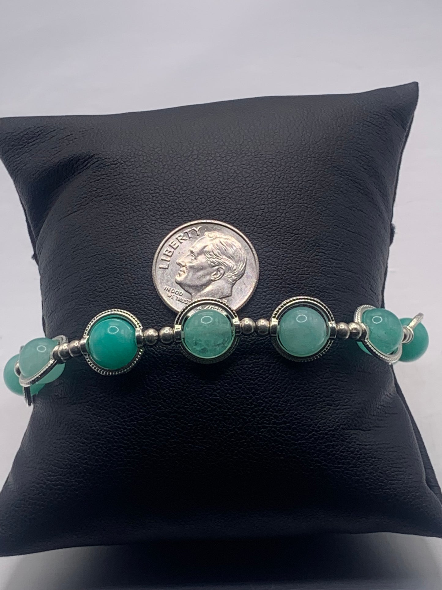 Teal chalcedony semi precious stone/crystal elastic beaded bracelet with silver colored rings