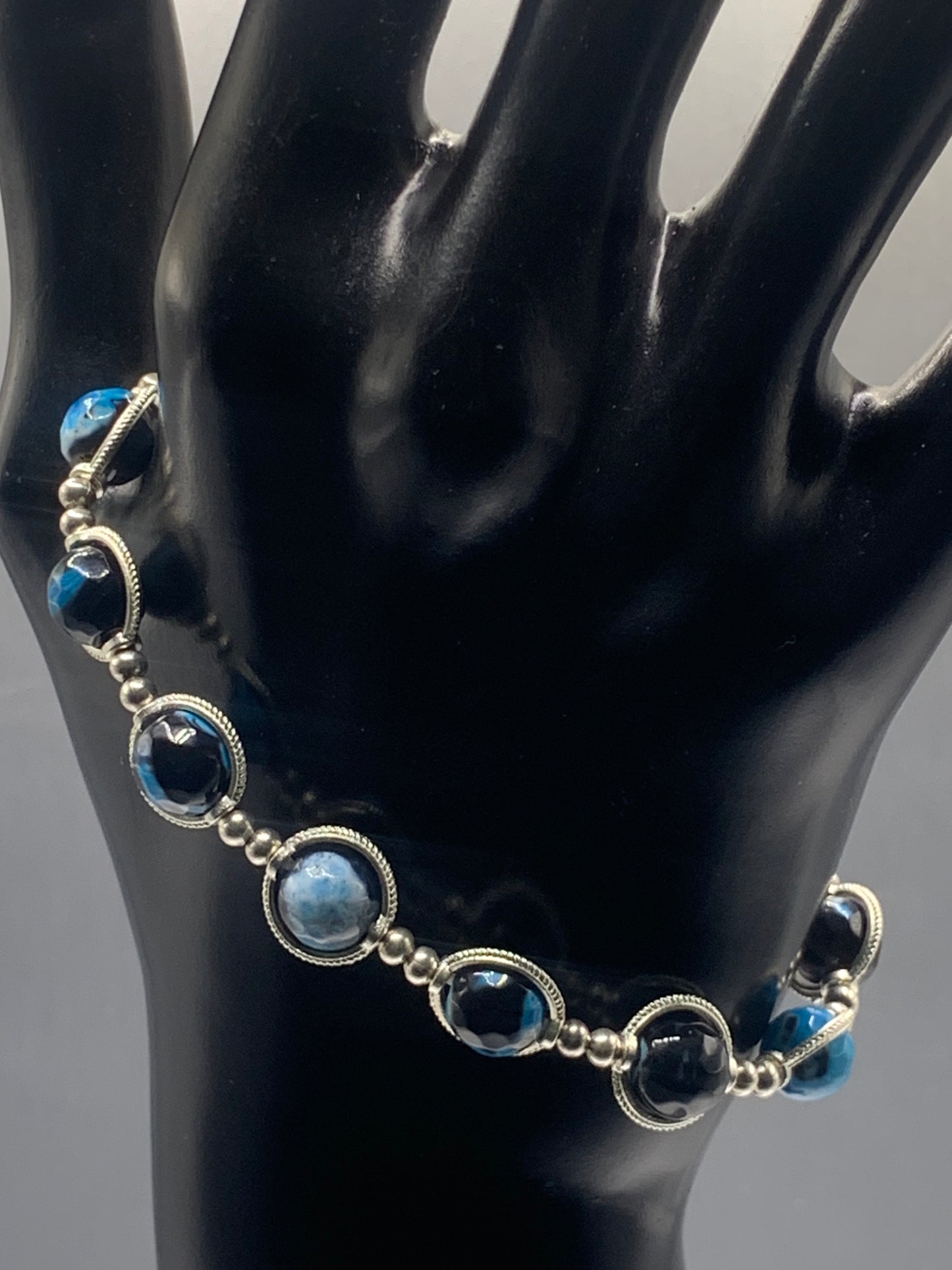 Blue orca agate semi precious stone/crystal elastic beaded bracelet with silver colored rings