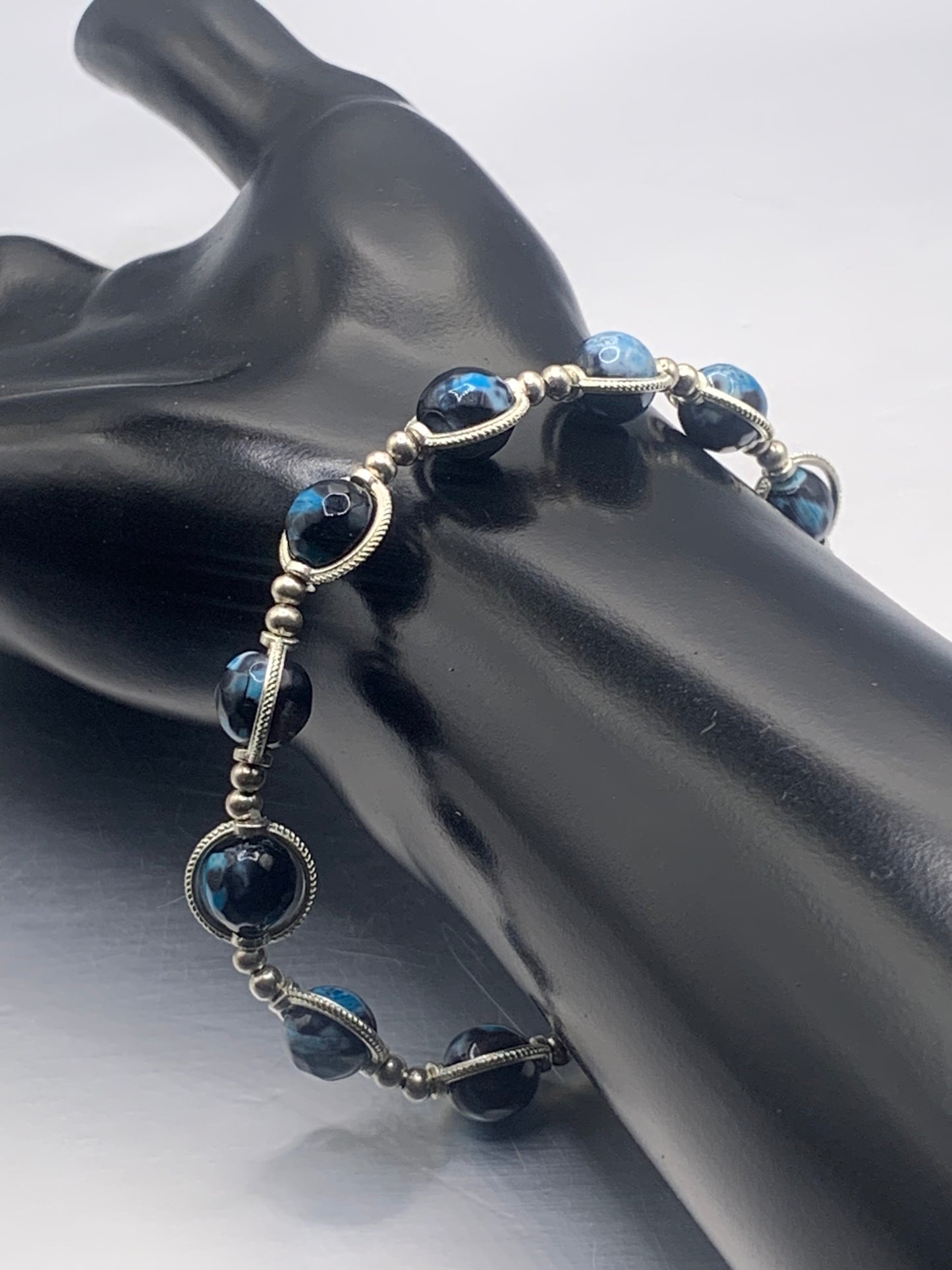 Blue orca agate semi precious stone/crystal elastic beaded bracelet with silver colored rings