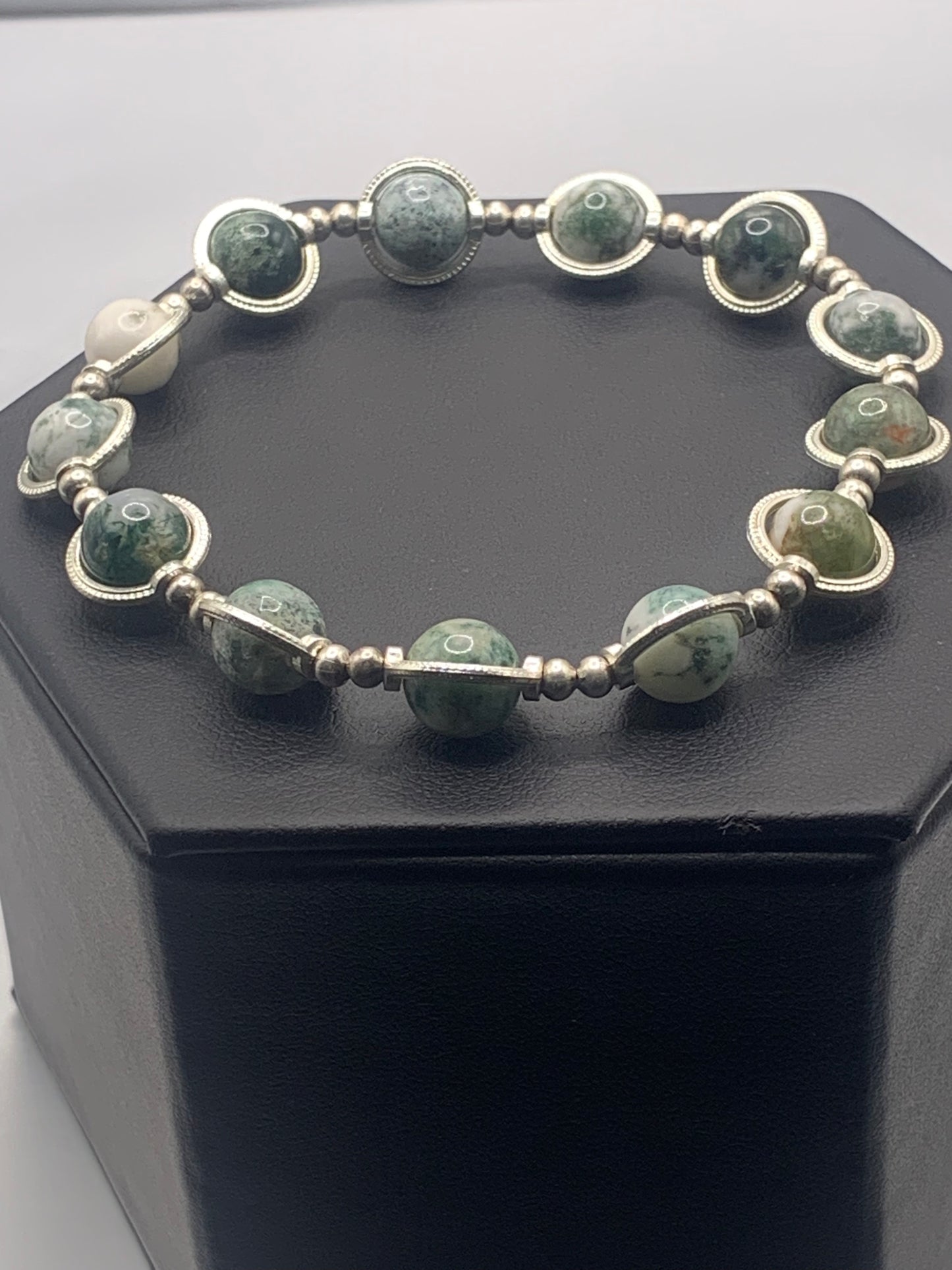 Tree moss agate semi precious stone/crystal elastic beaded bracelet with silver colored rings