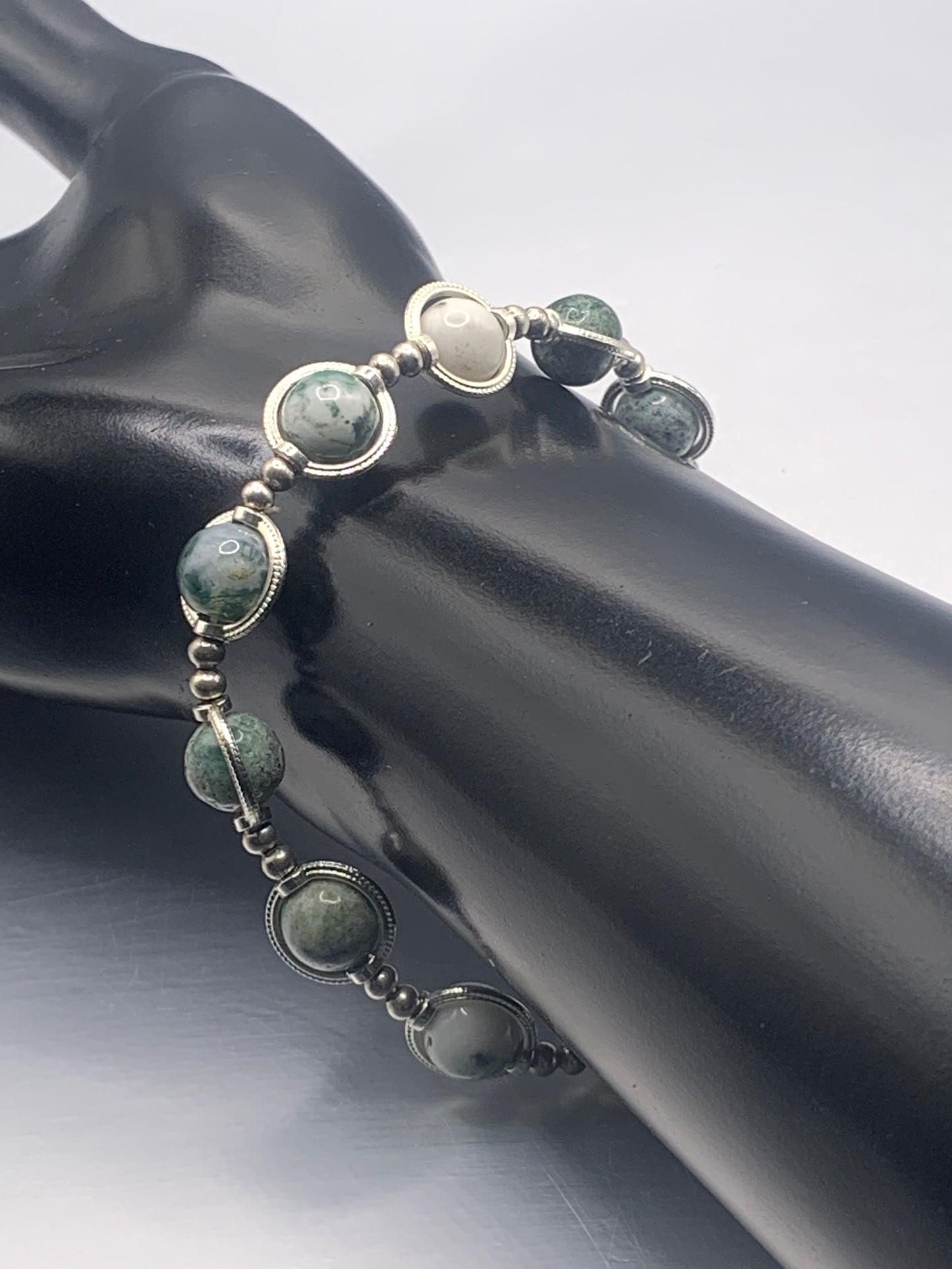 Tree moss agate semi precious stone/crystal elastic beaded bracelet with silver colored rings