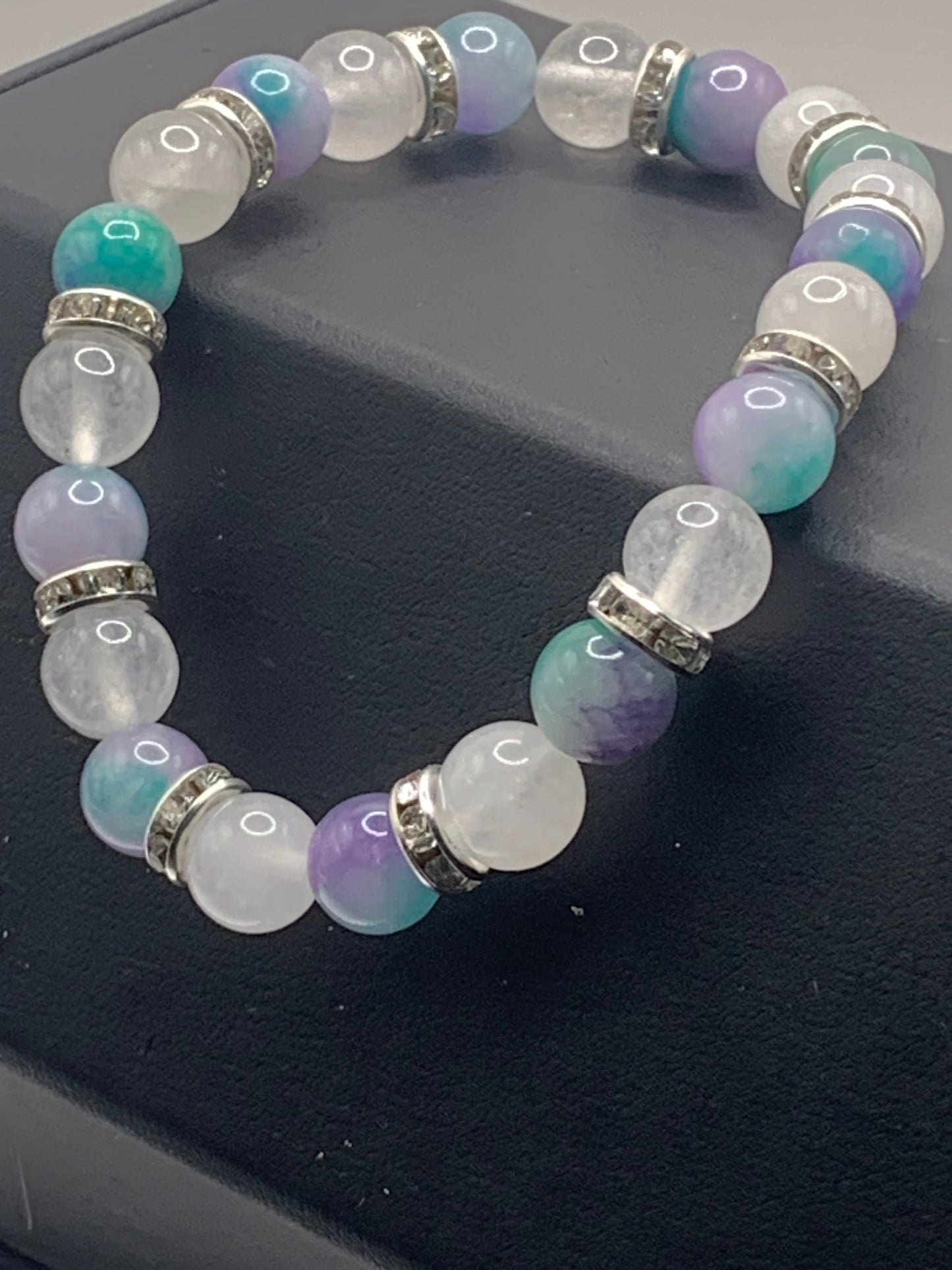 Mermaid chalcedony and white chalcedony semi precious stone/crystal elastic beaded bracelet with clear rondelle's