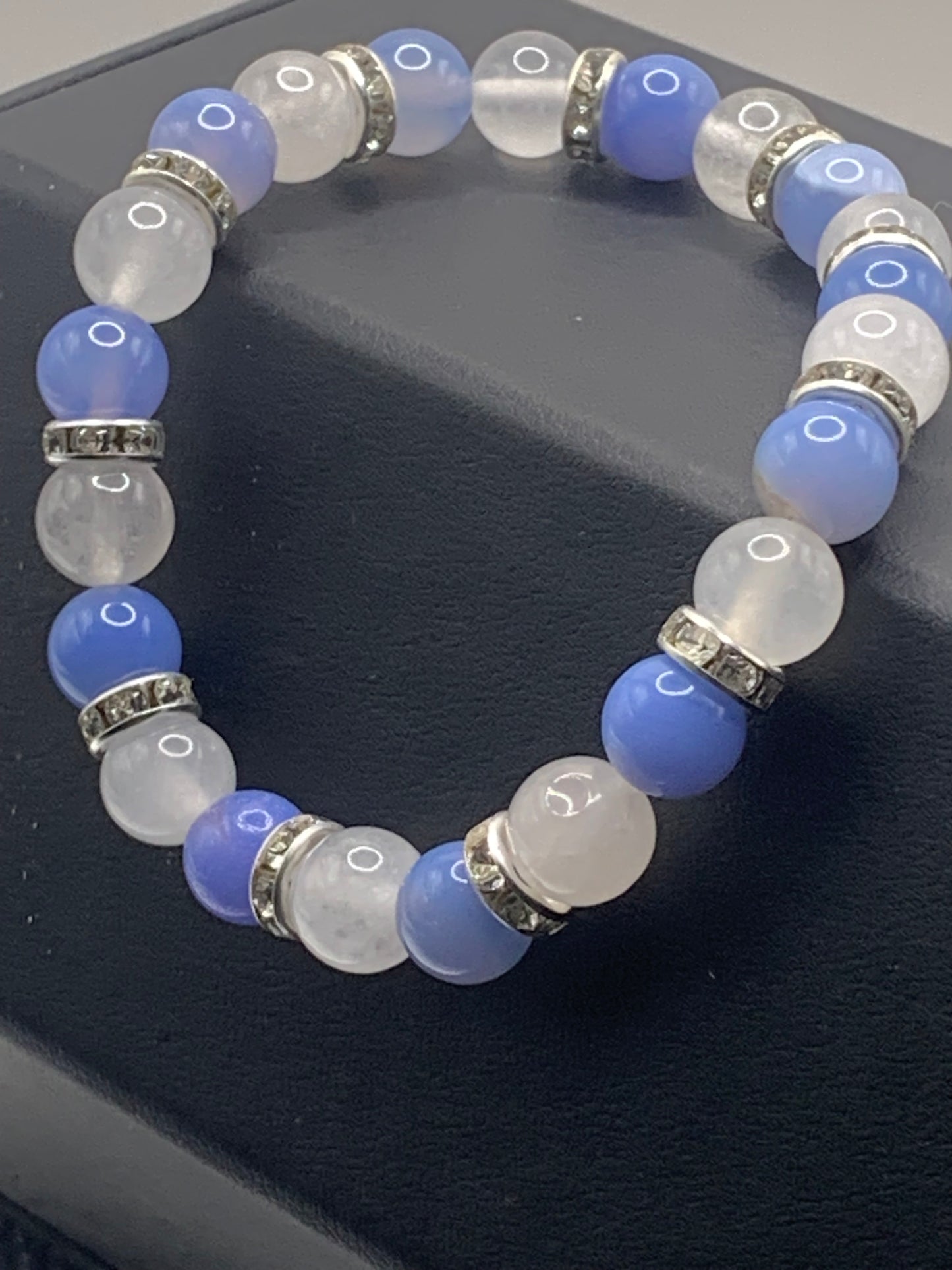 Soft blue lace agate and white chalcedony semi precious stone/crystal elastic beaded bracelet with clear rondelle's