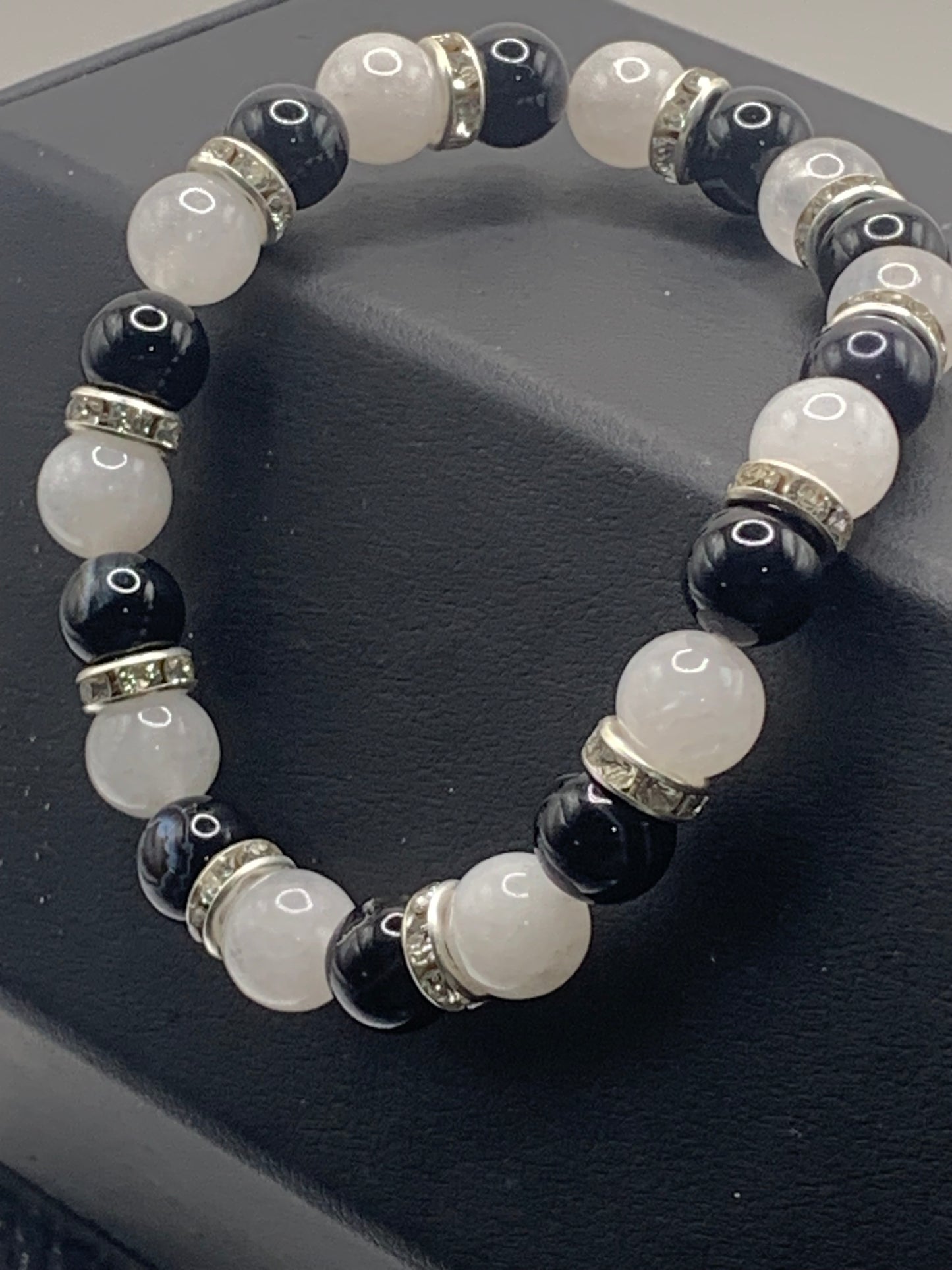 Black lace agate and white chalcedony semi precious stone/crystal elastic beaded bracelet with clear rondelle's