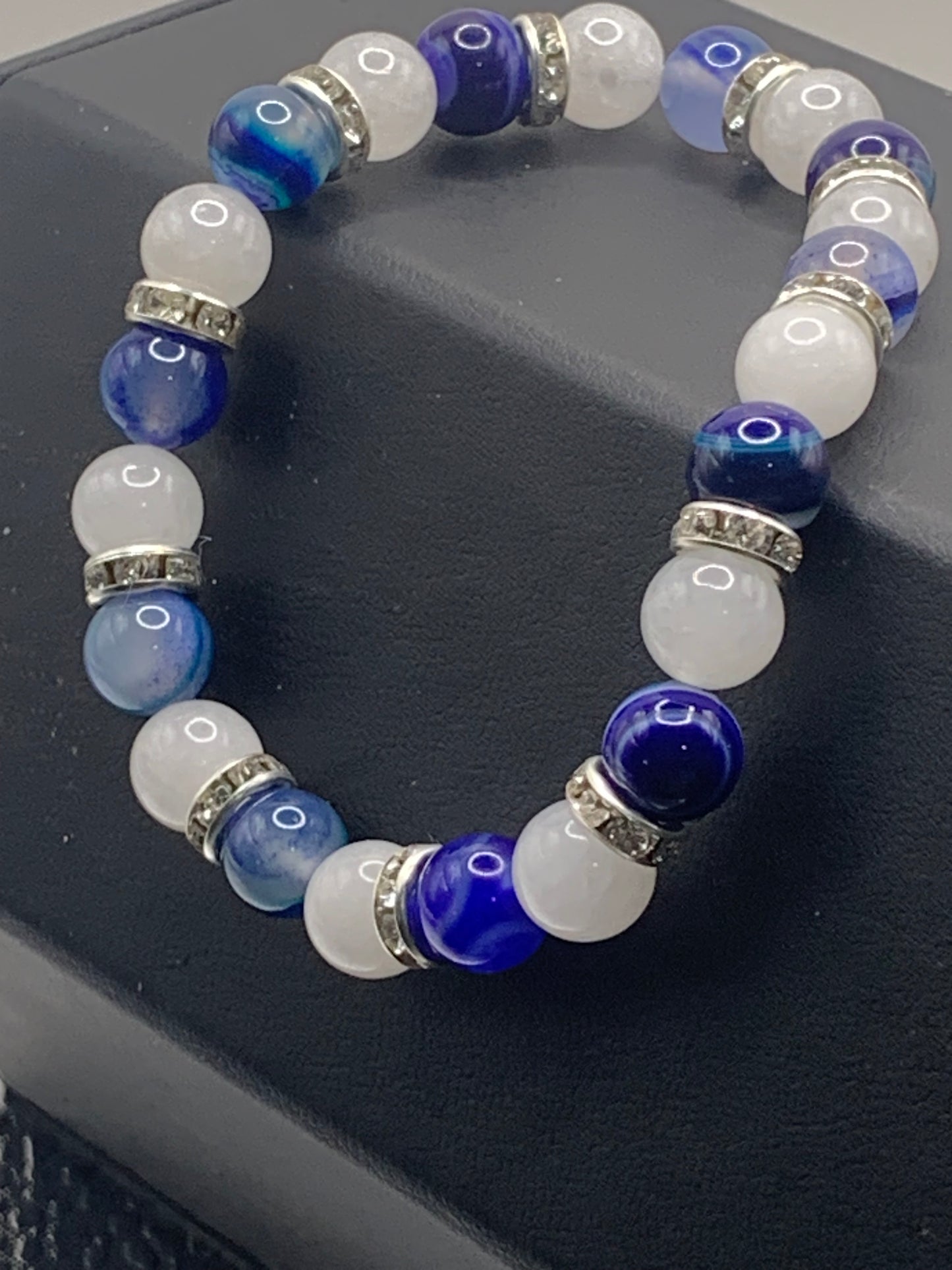 Blue lace agate and white chalcedony semi precious stone/crystal elastic beaded bracelet with clear rondelle's