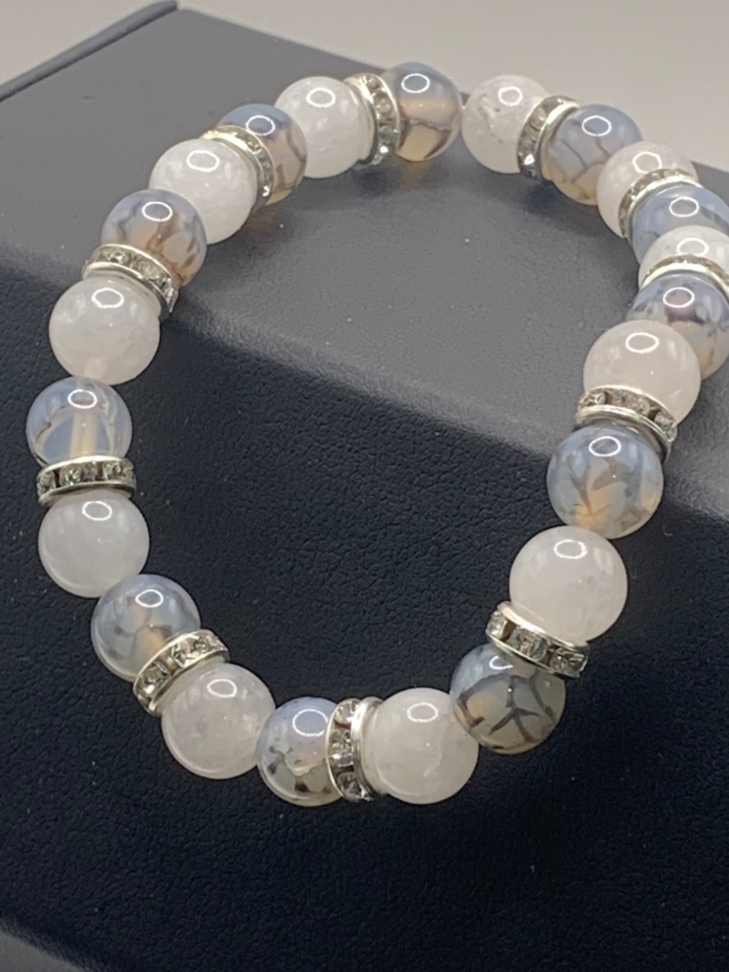 Dragon vein and white chalcedony semi precious stone/crystal elastic beaded bracelet with clear rondelle's
