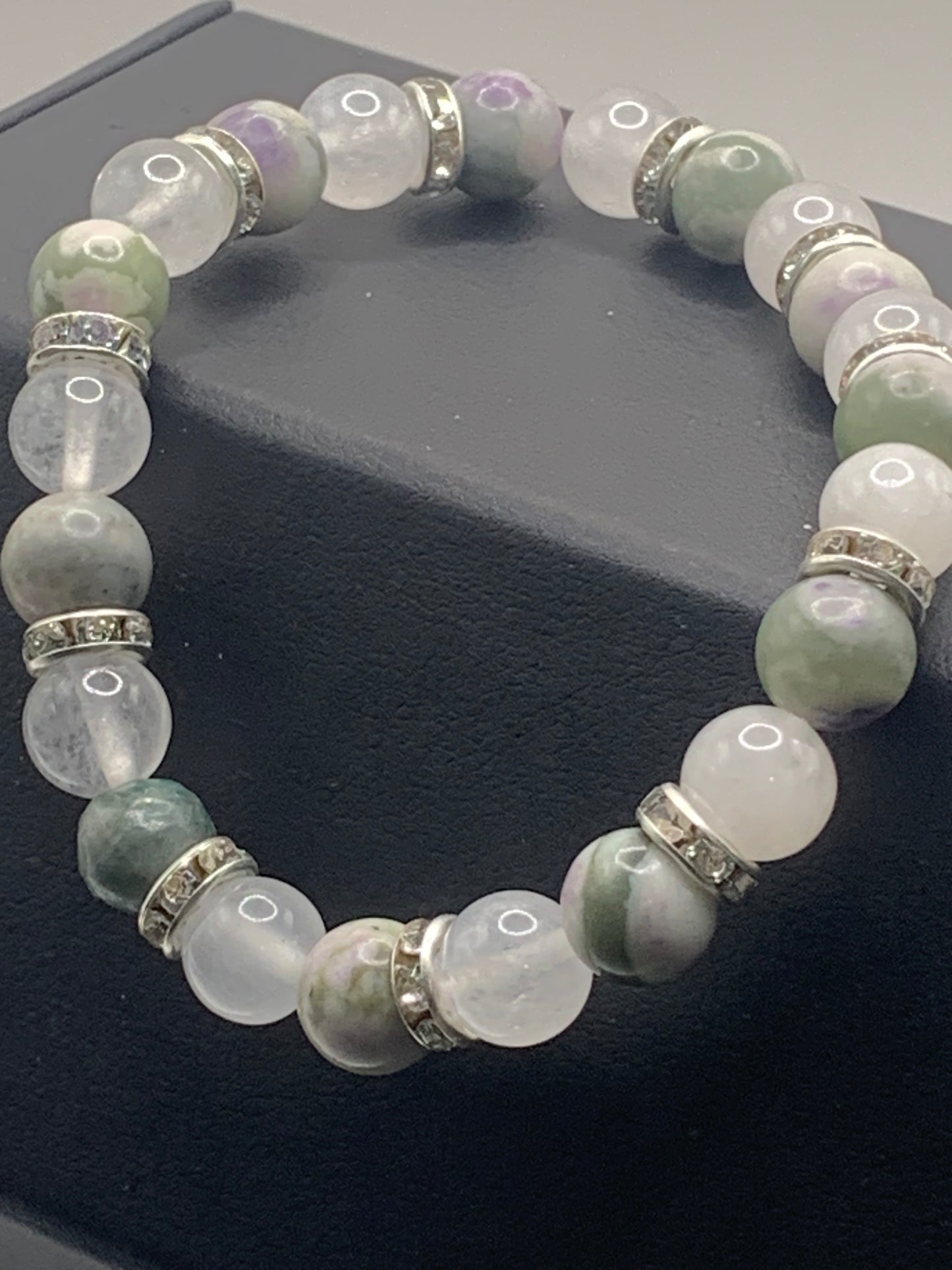 Lucky jade and white chalcedony semi precious stone/crystal elastic beaded bracelet with clear rondelle's