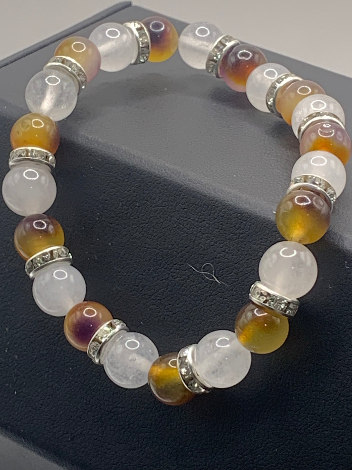 Orange purple chalcedony and white chalcedony semi precious stone/crystal elastic beaded bracelet with clear rondelle's