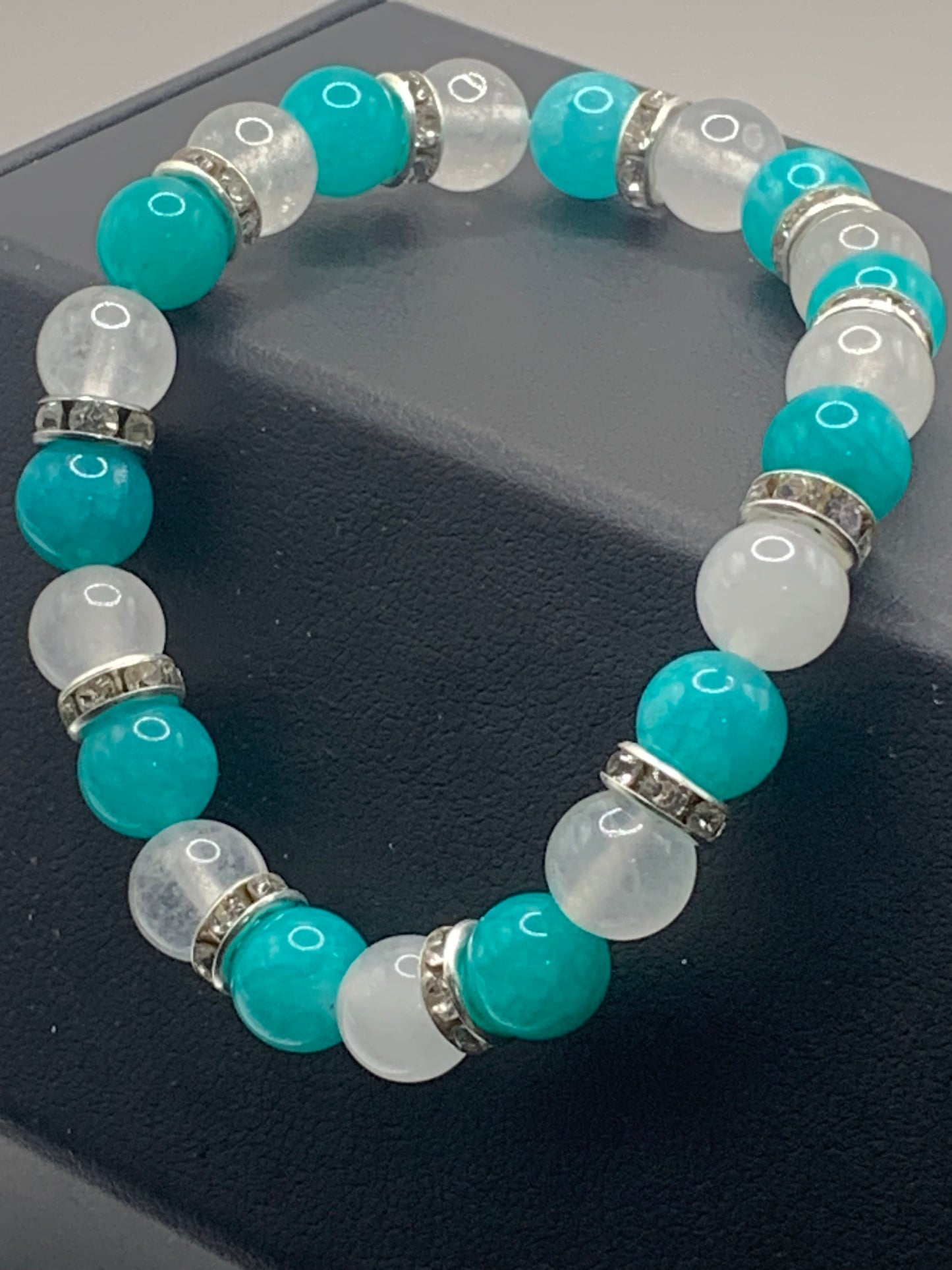 Aquamarine chalcedony and white chalcedony semi precious stone/crystal elastic beaded bracelet with clear rondelle's