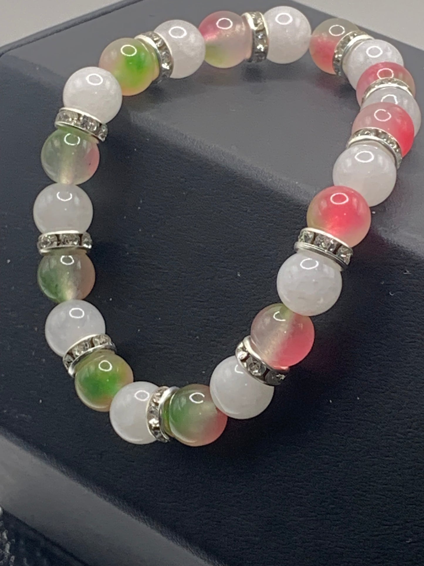 Watermelon chalcedony and white chalcedony semi precious stone/crystal elastic beaded bracelet with clear rondelle's