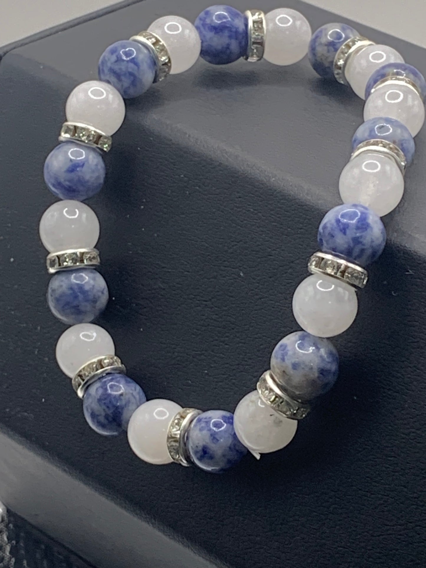 Blue dot jasper and white chalcedony semi precious stone/crystal elastic beaded bracelet with clear rondelle's