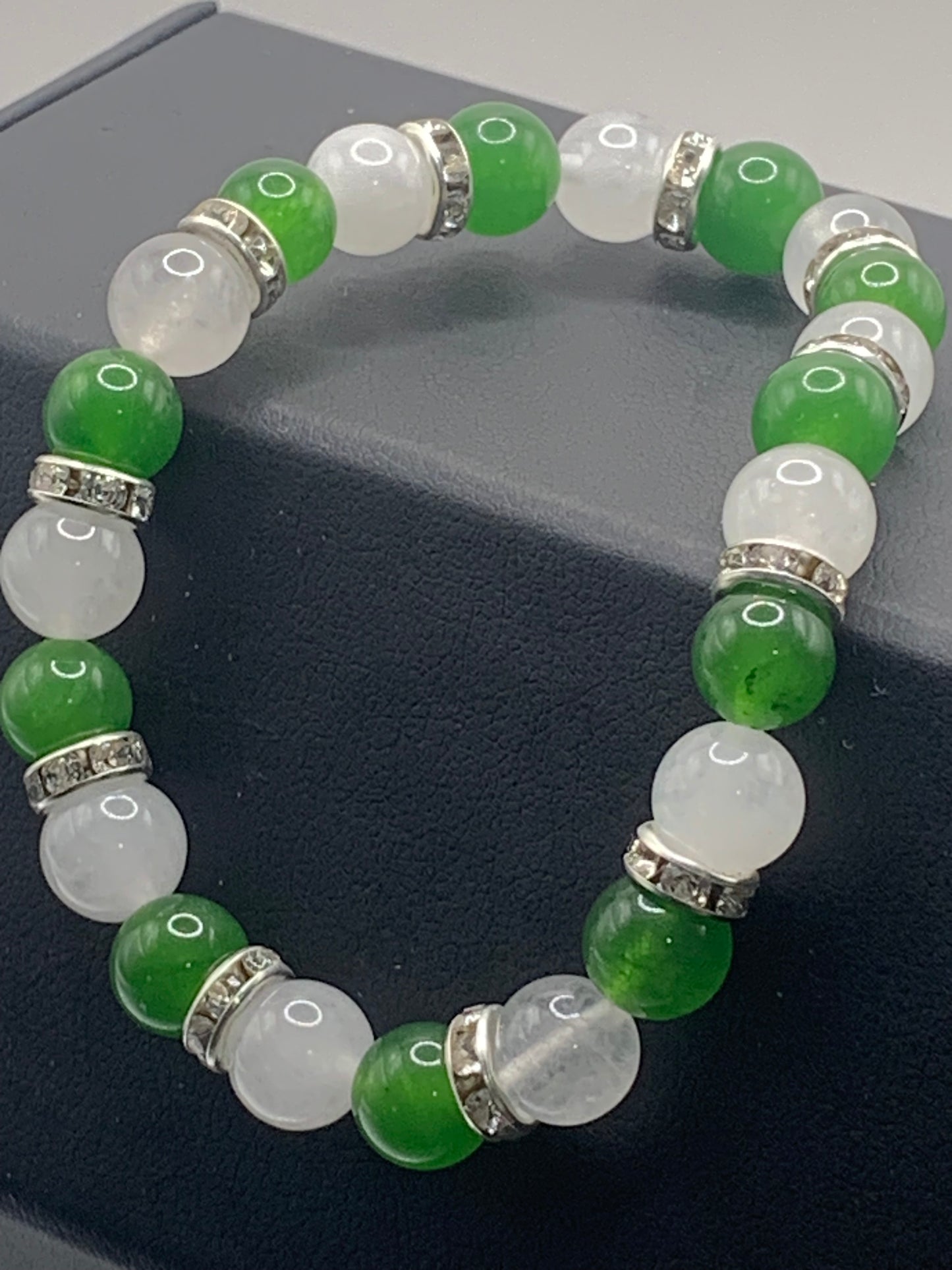 Green chalcedony and white chalcedony semi precious stone/crystal elastic beaded bracelet with clear rondelle's