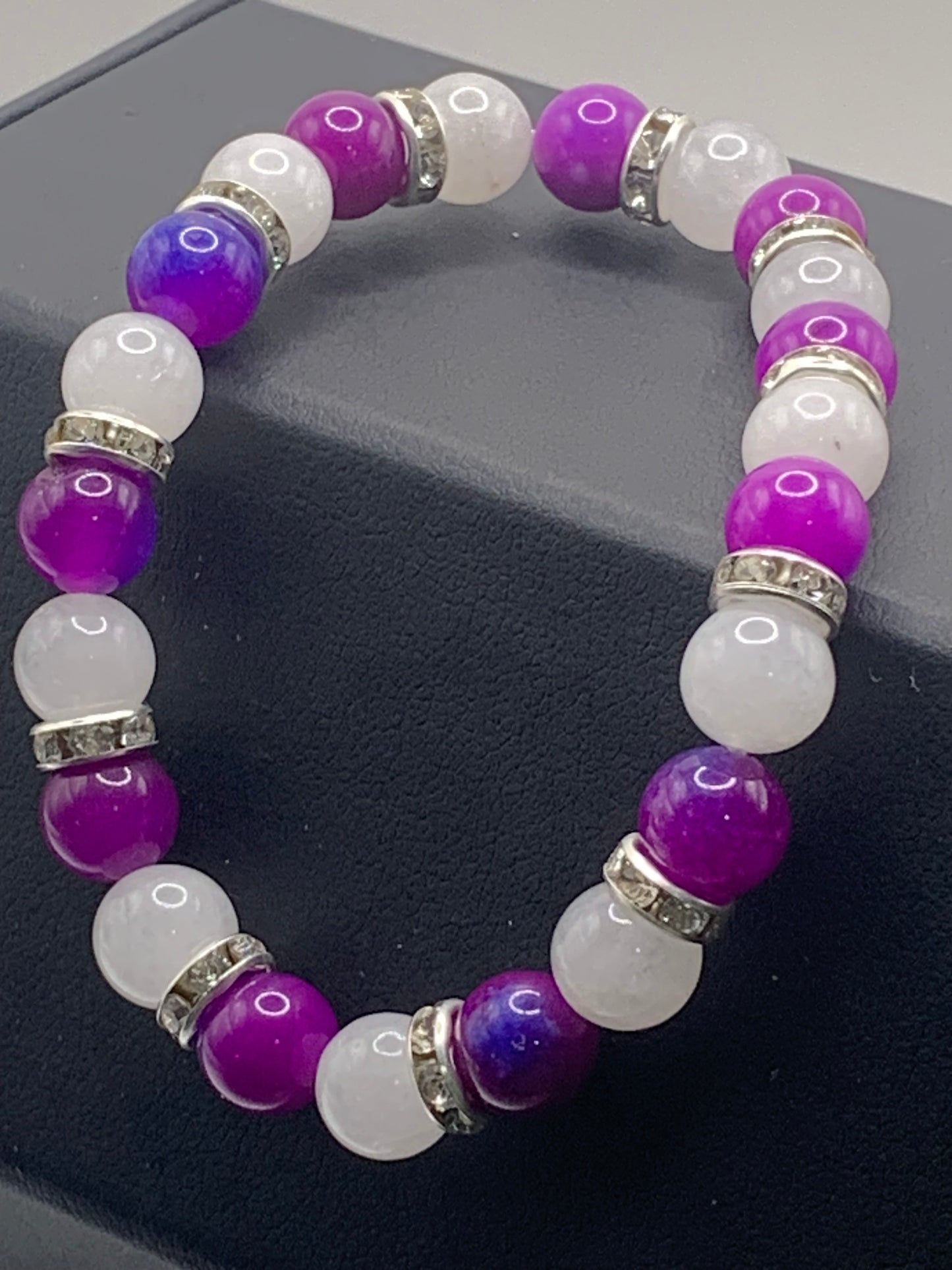 Purple blue chalcedony and white chalcedony semi precious stone/crystal elastic beaded bracelet with clear rondelle's