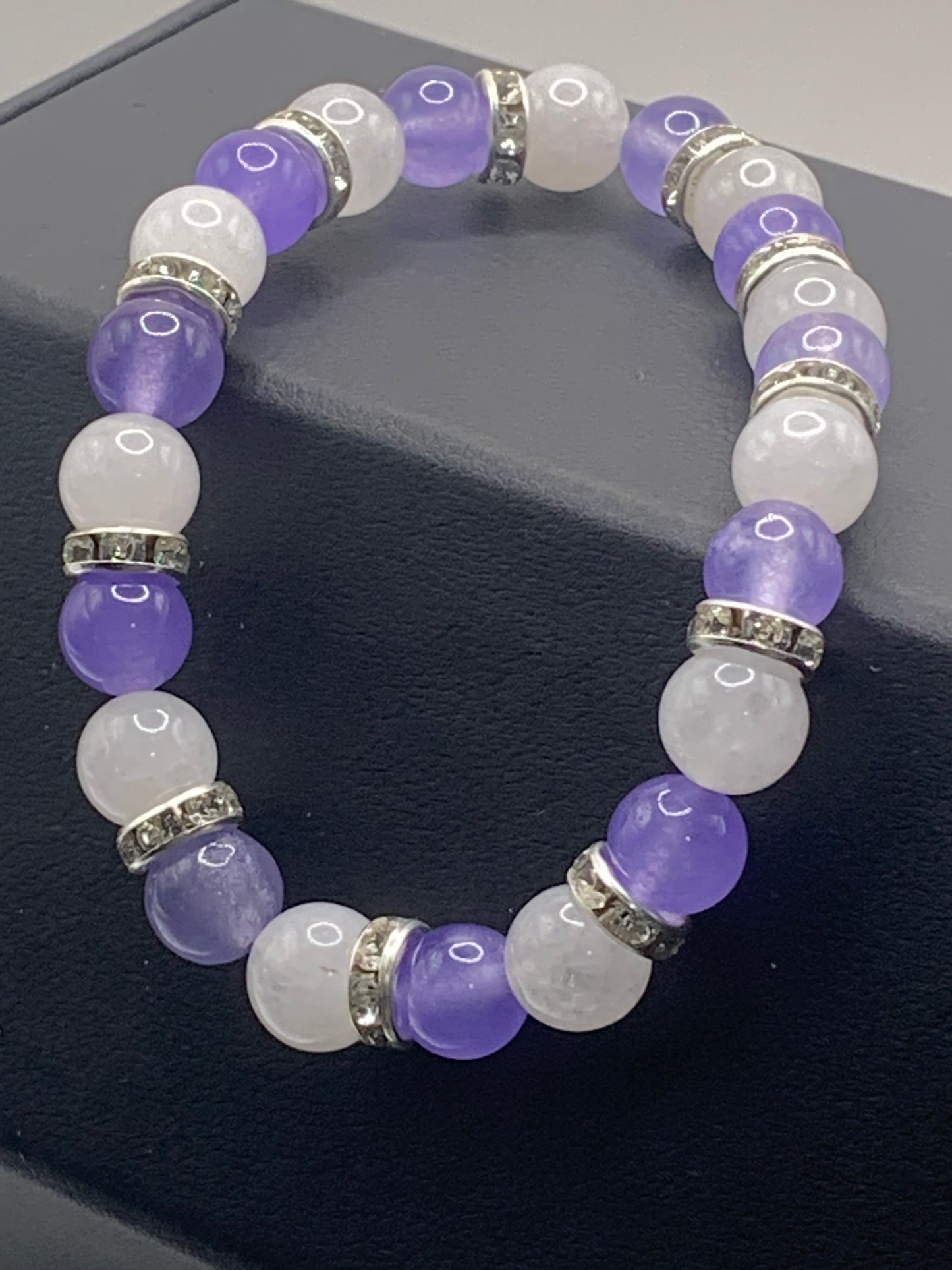 Purple agate and white chalcedony semi precious stone/crystal elastic beaded bracelet with clear rondelle's