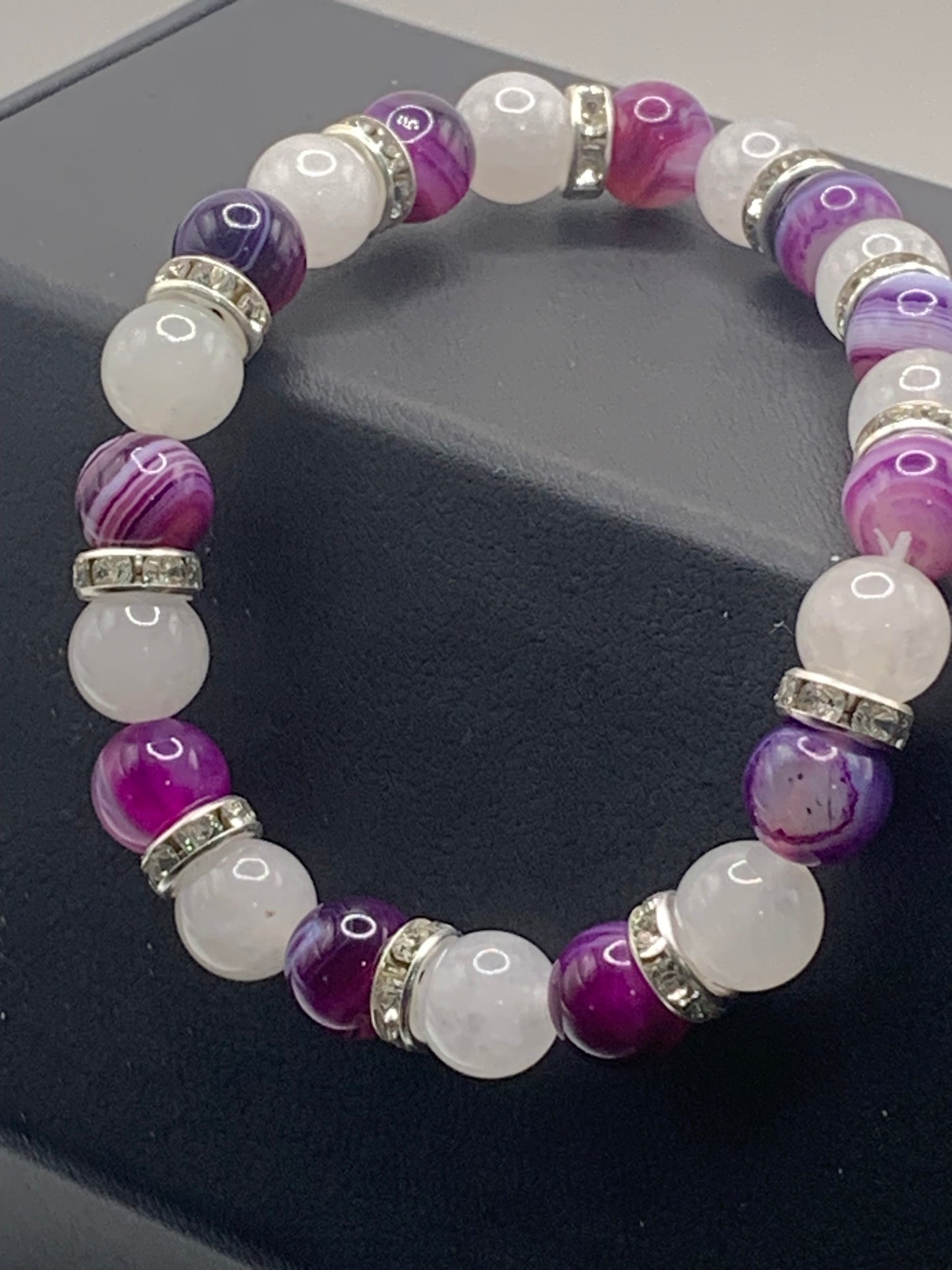 Purple lace agate and white chalcedony semi precious stone/crystal elastic beaded bracelet with clear rondelle's