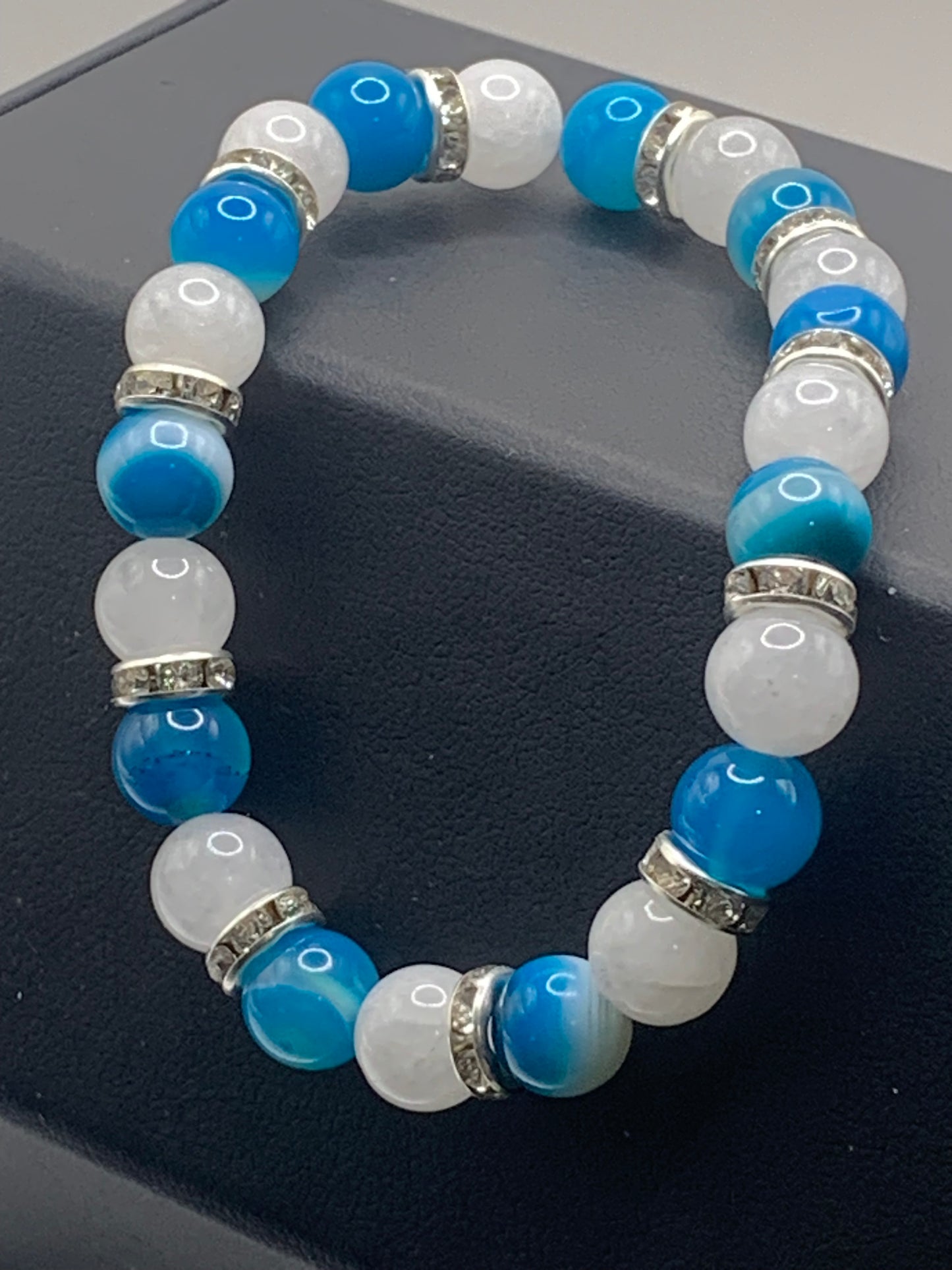 Light blue lace agate and white chalcedony semi precious stone/crystal elastic beaded bracelet with clear rondelle's