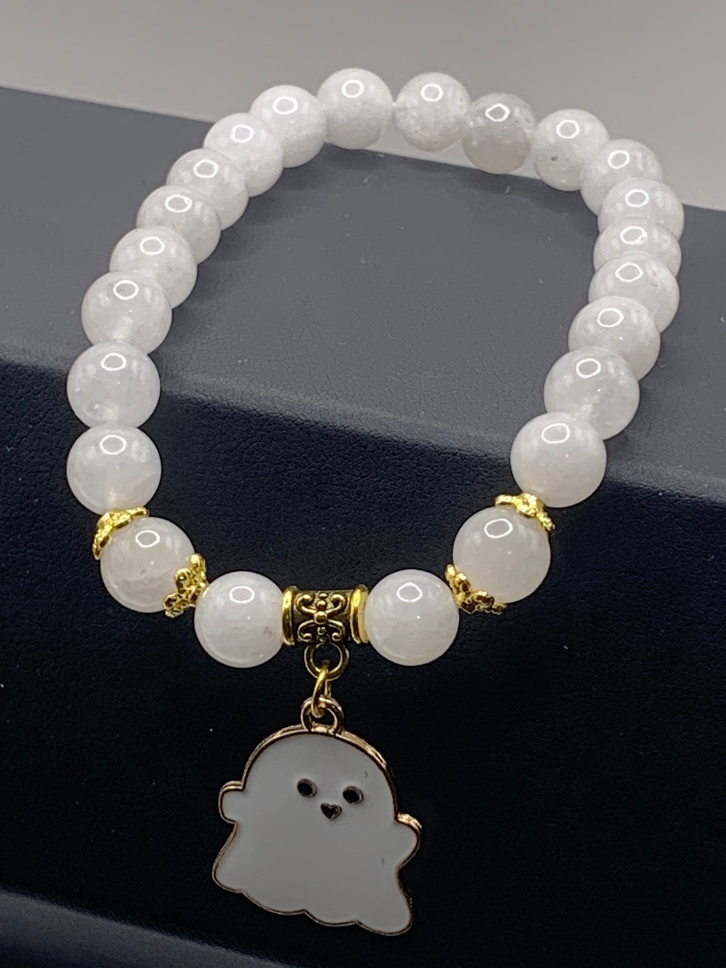 White chalcedony semi precious stone/crystal elastic beaded bracelet with Halloween charm
