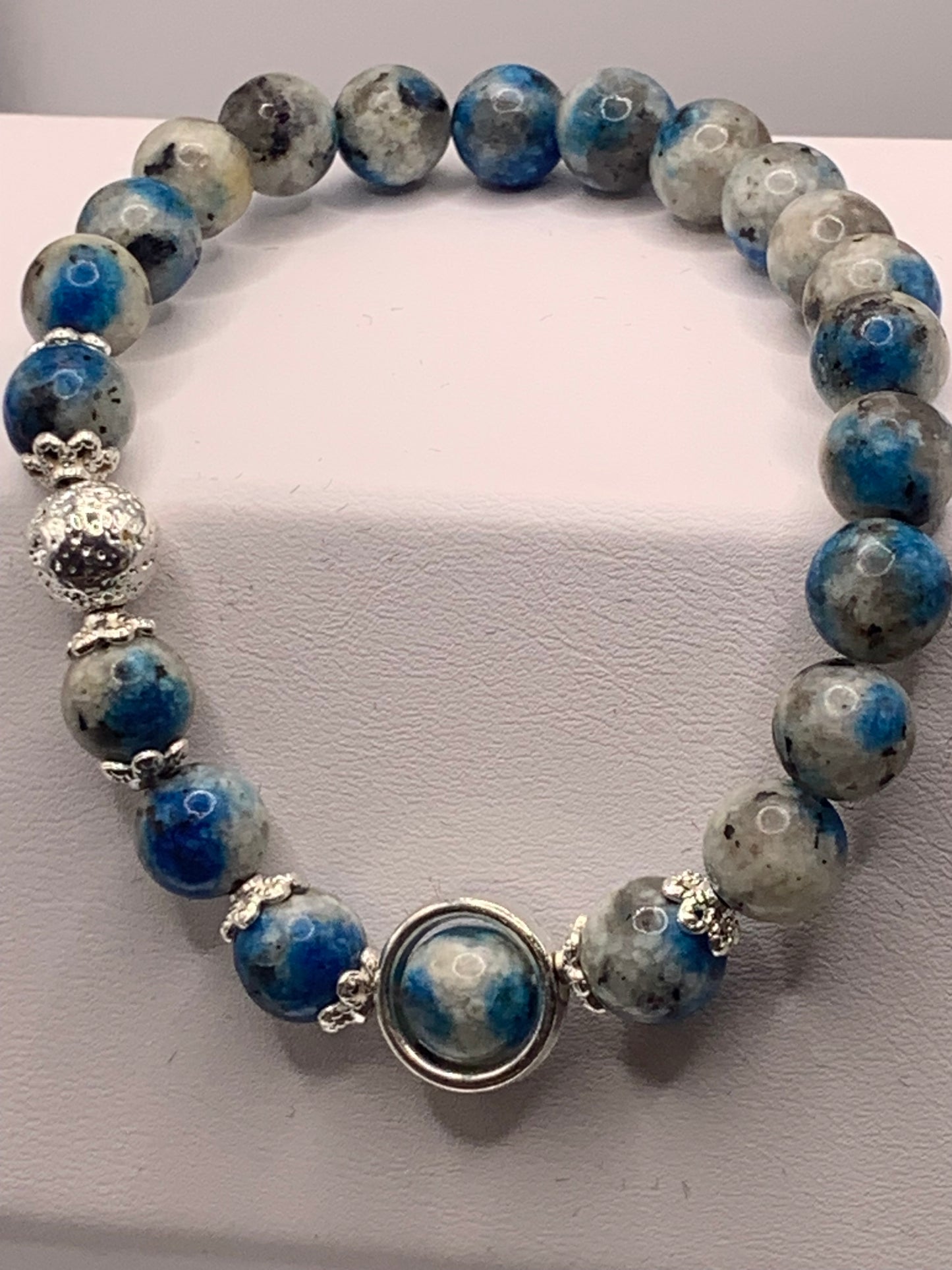 K2 with silver lava semi precious stone/crystal elastic beaded bracelet with silver accents
