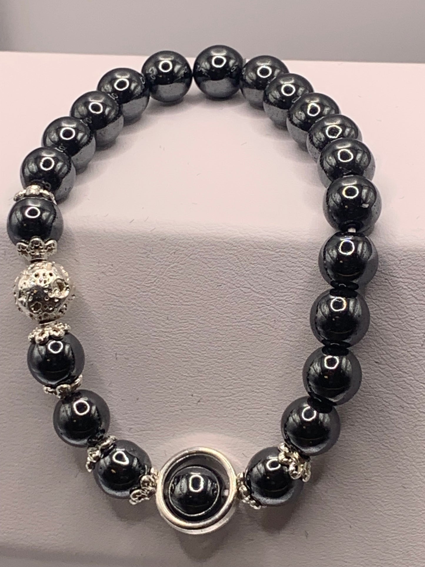 Hematite with silver lava semi precious stone/crystal elastic beaded bracelet with silver accents