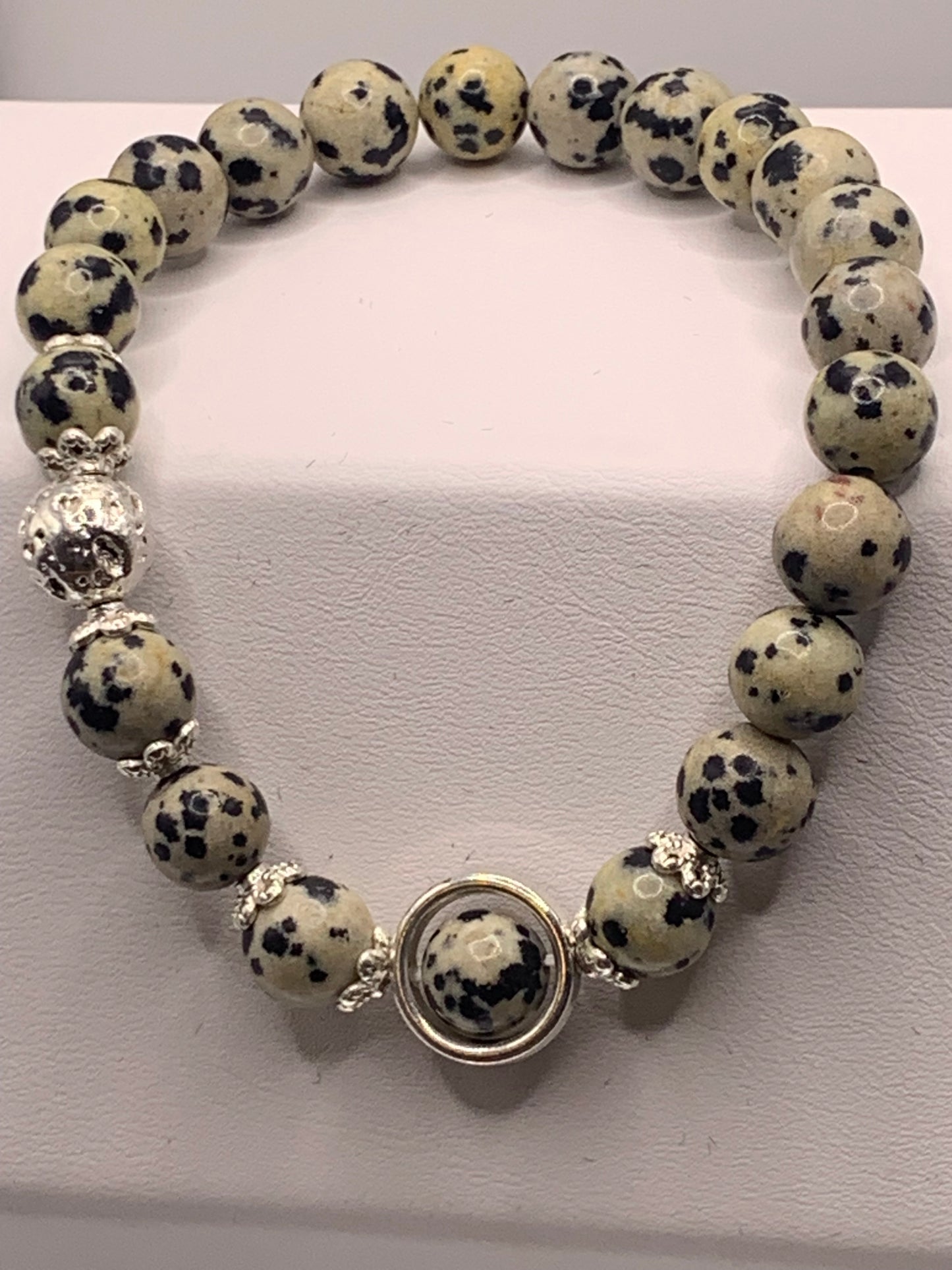Dalmatian jasper with silver lava semi precious stone/crystal elastic beaded bracelet with silver accents