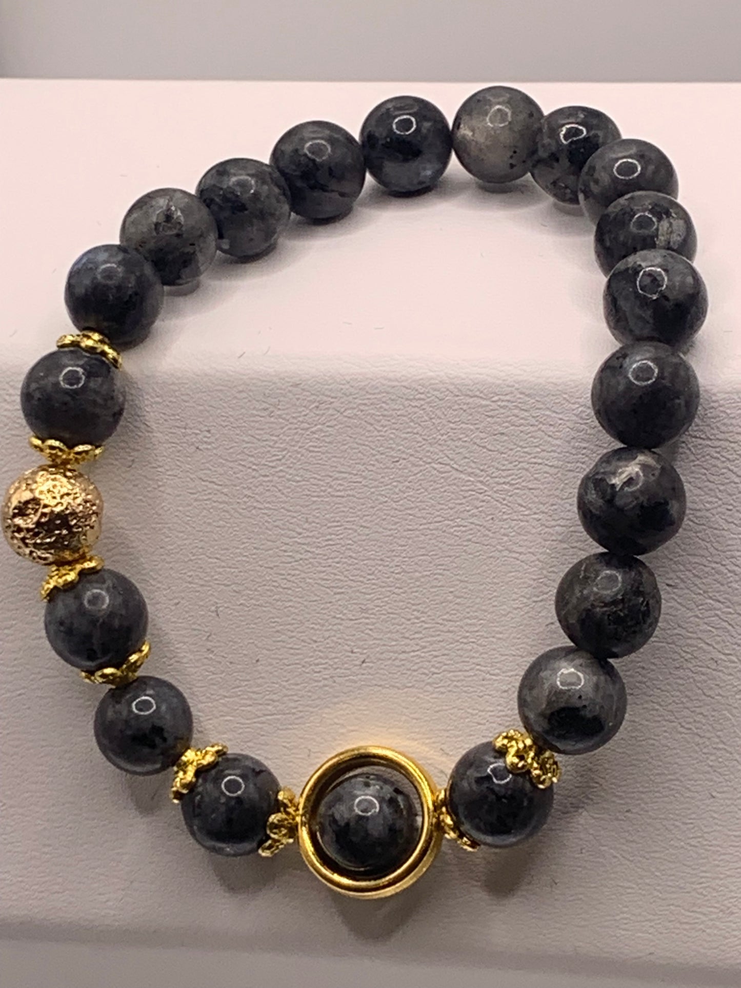 Larvikite with silver lava semi precious stone/crystal elastic beaded bracelet with gold accents
