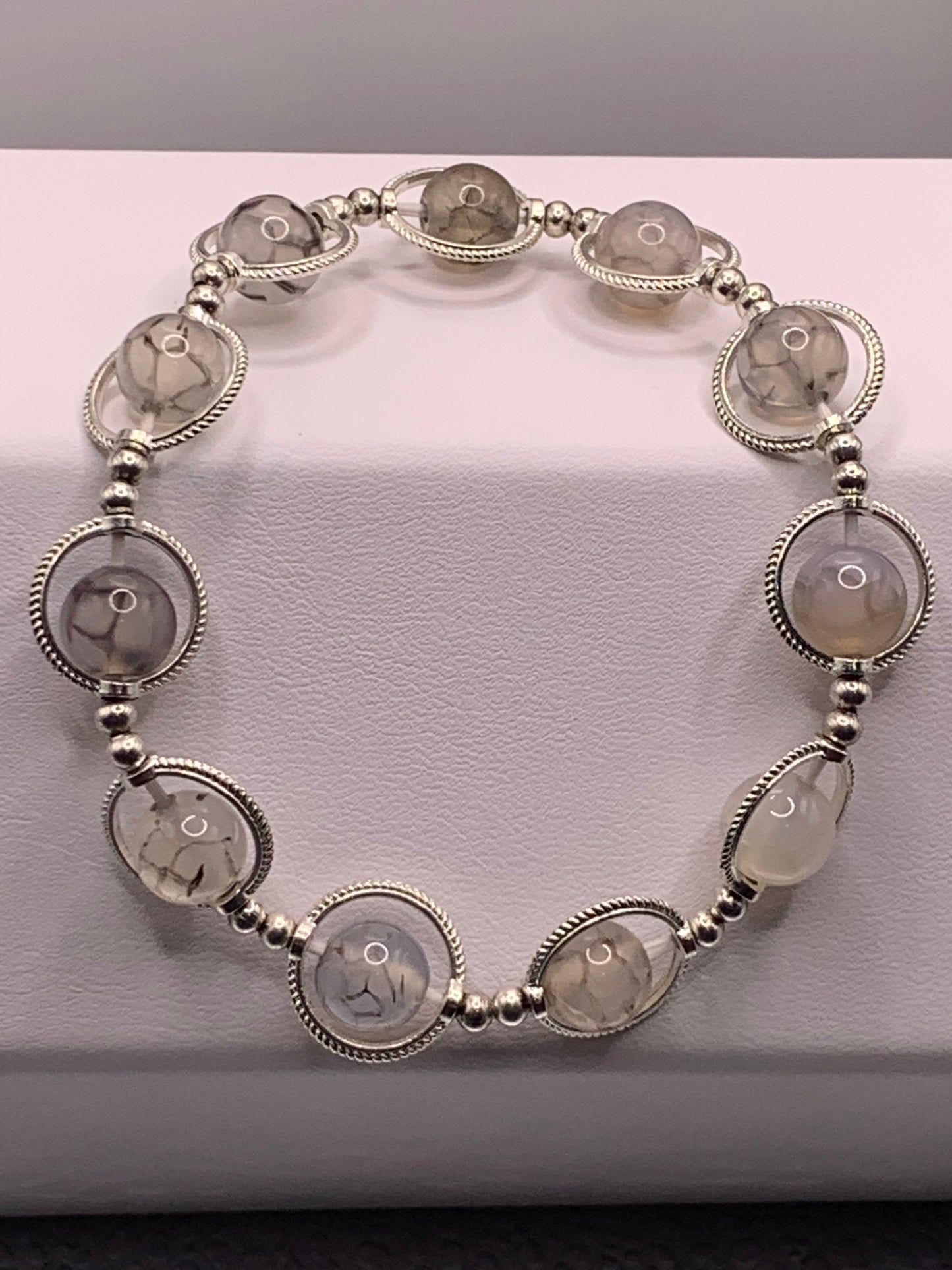 Dragon vein agate semi precious stone/crystal elastic beaded bracelet with silver colored rings