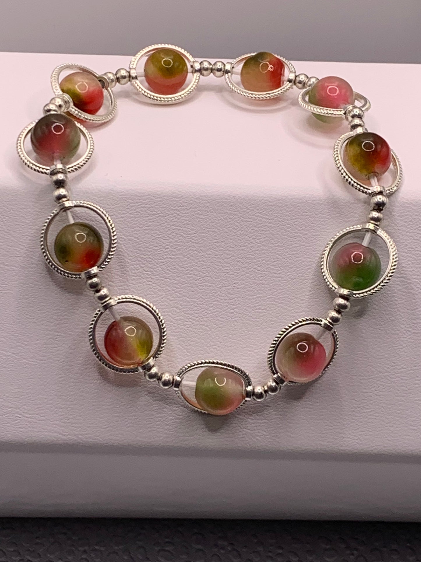 Watermelon chalcedony semi precious stone/crystal elastic beaded bracelet with silver colored rings