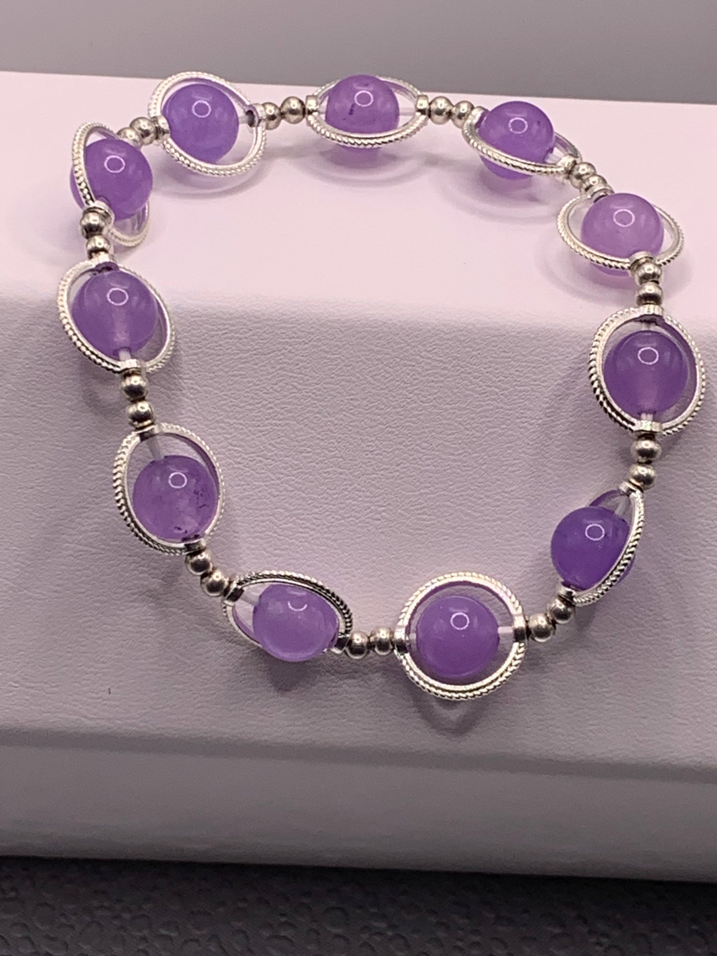 Lavender agate semi precious stone/crystal elastic beaded bracelet with silver colored rings