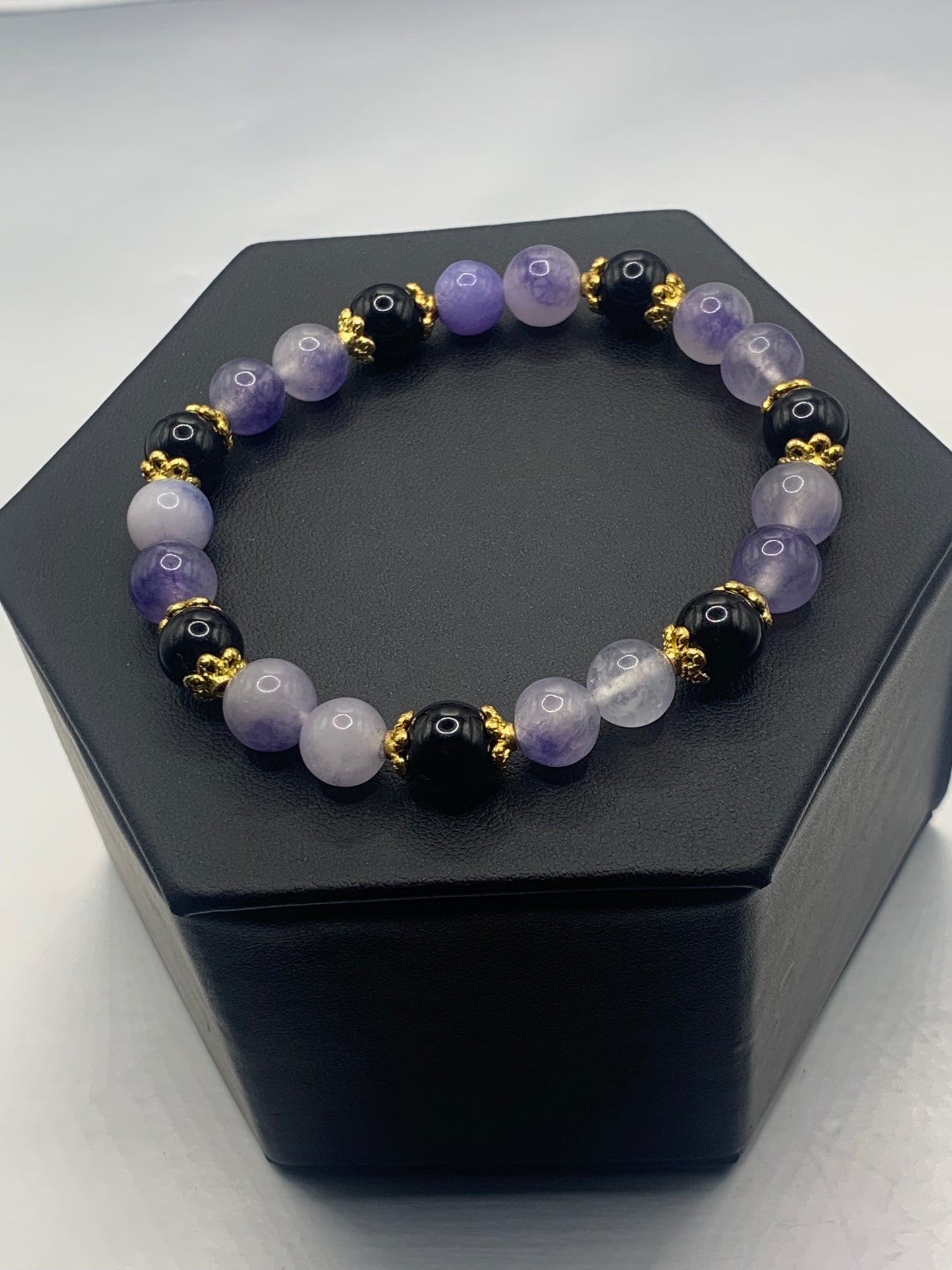 Black obsidian with ice blue agate semi precious stone/crystal beaded elastic bracelet with gold plated flower bead caps