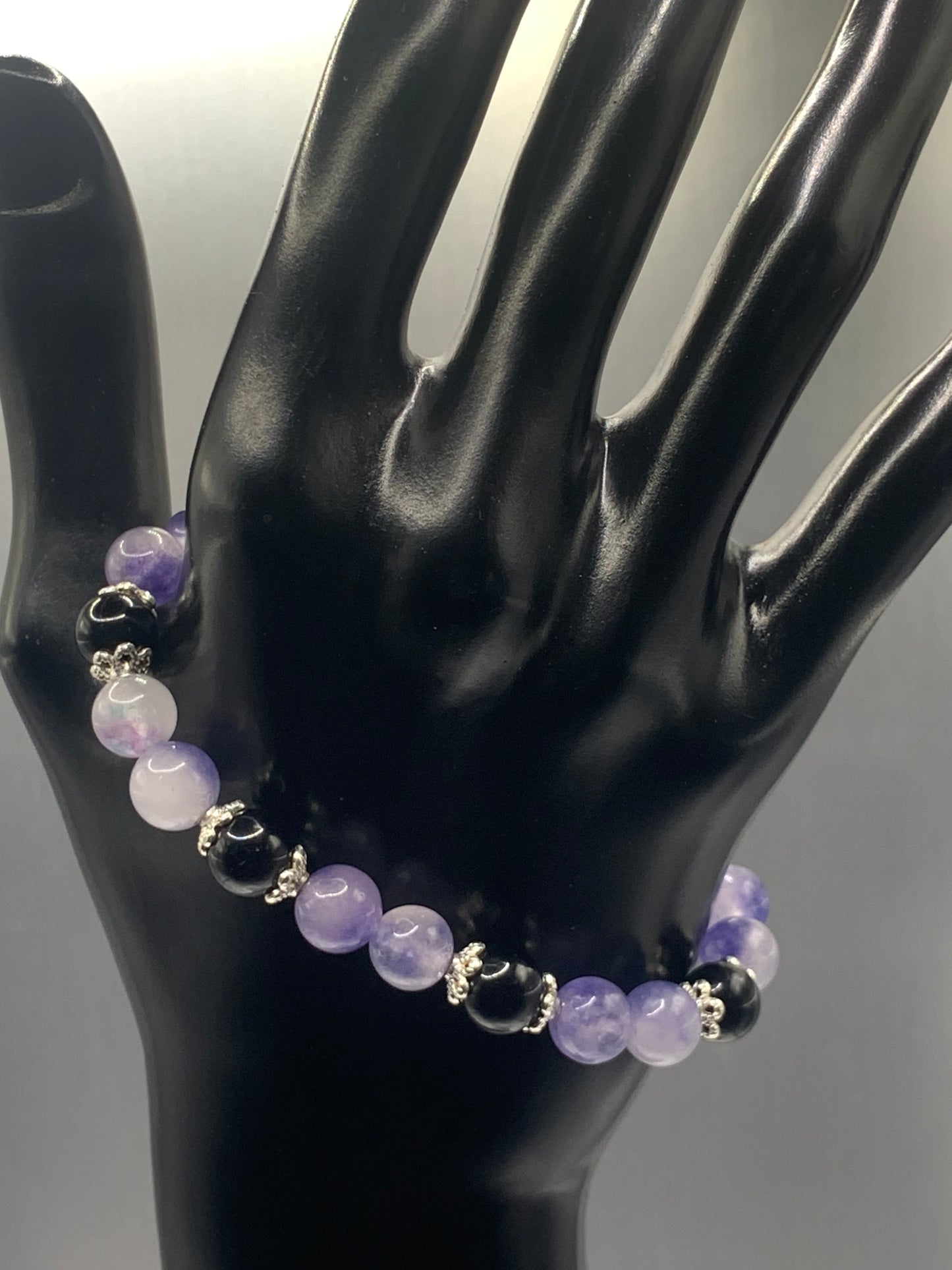Black obsidian with ice blue agate semi precious stone/crystal beaded elastic bracelet with silver plated flower bead caps