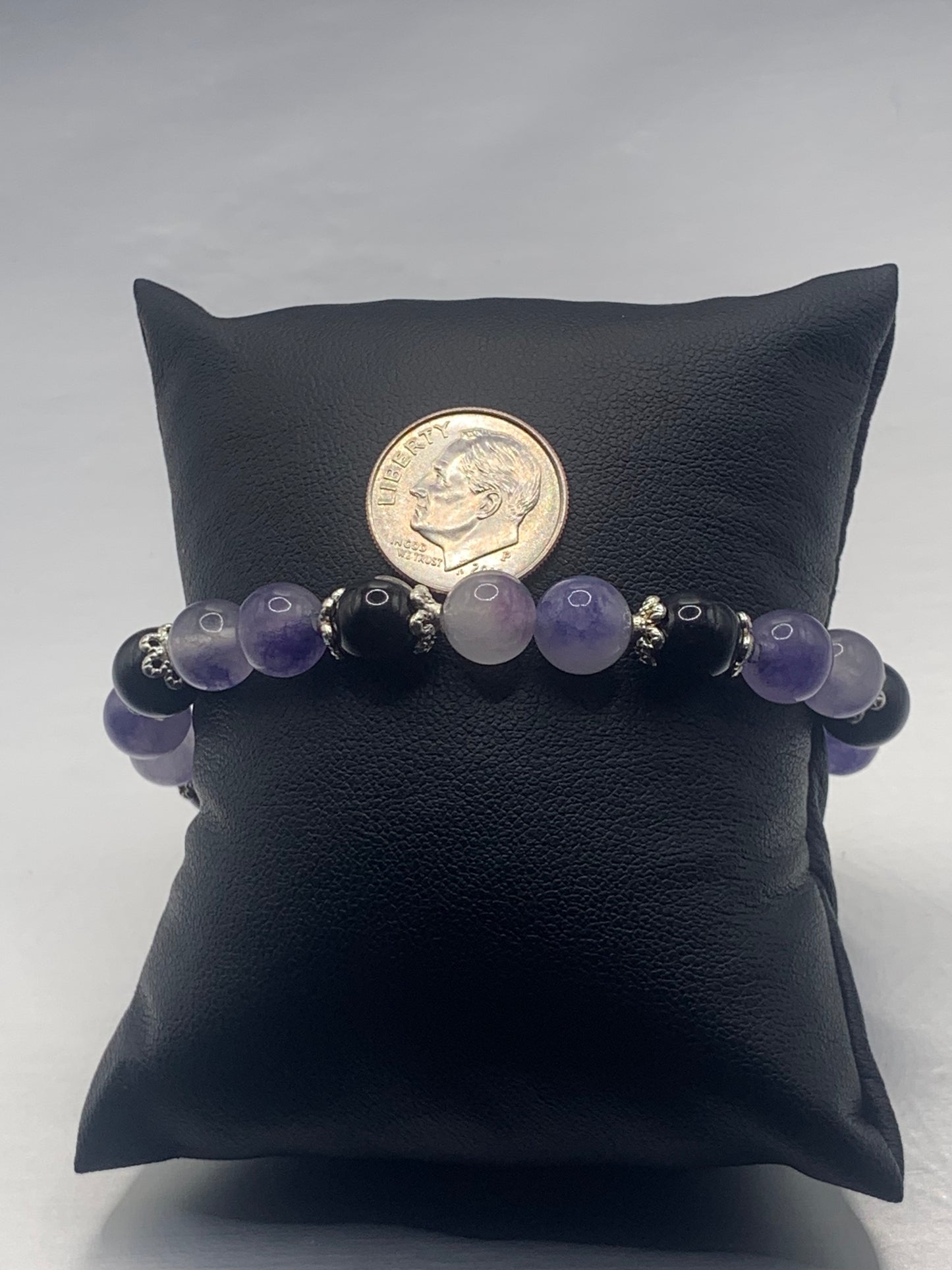 Black obsidian with ice blue agate semi precious stone/crystal beaded elastic bracelet with silver plated flower bead caps