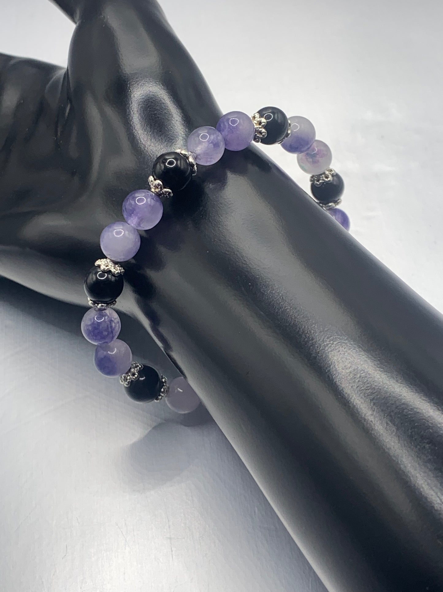 Black obsidian with ice blue agate semi precious stone/crystal beaded elastic bracelet with silver plated flower bead caps