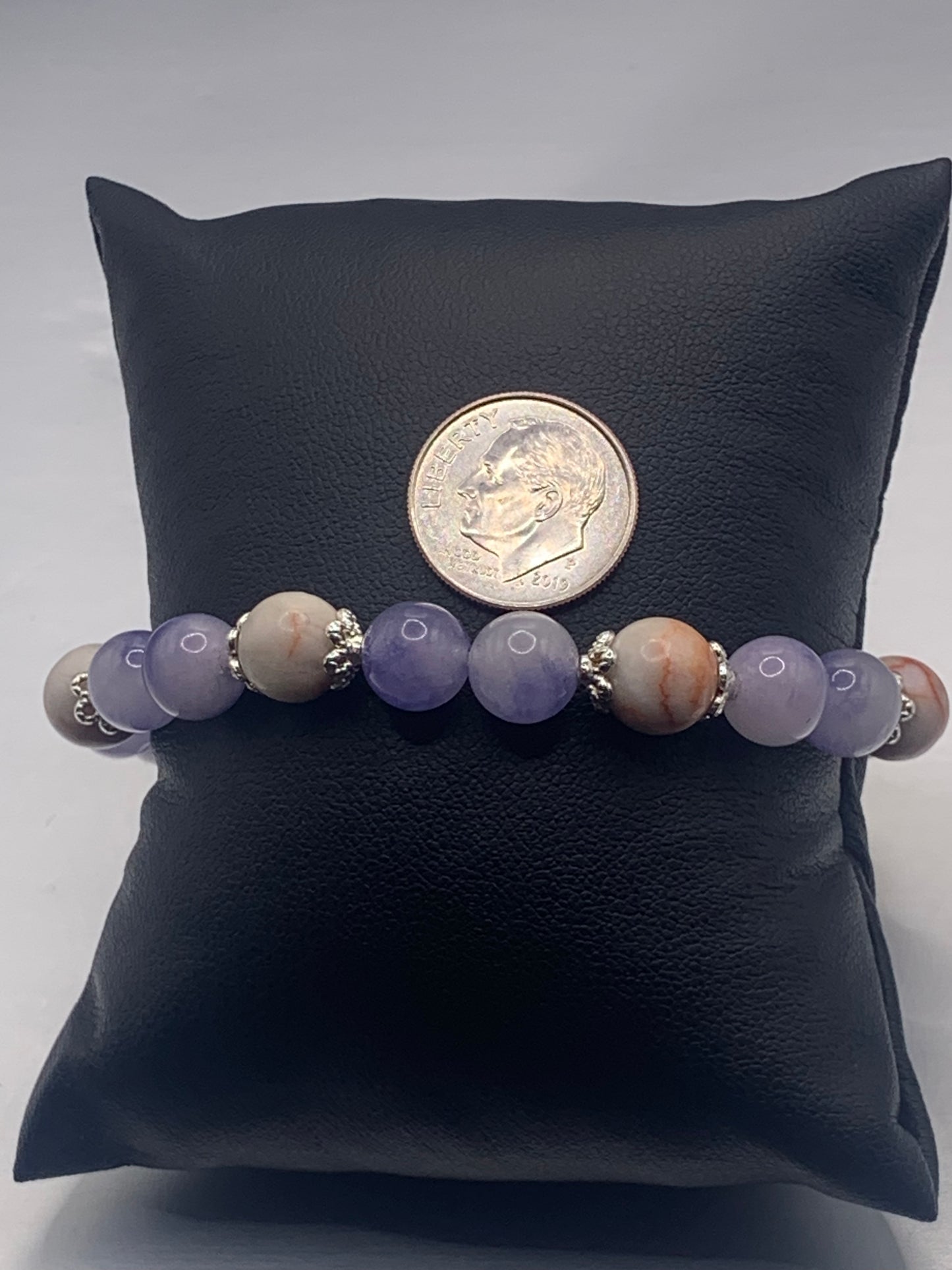 Red vein jasper and ice blue agate semi precious stone/crystal elastic beaded bracelet with silver plated flower bead caps
