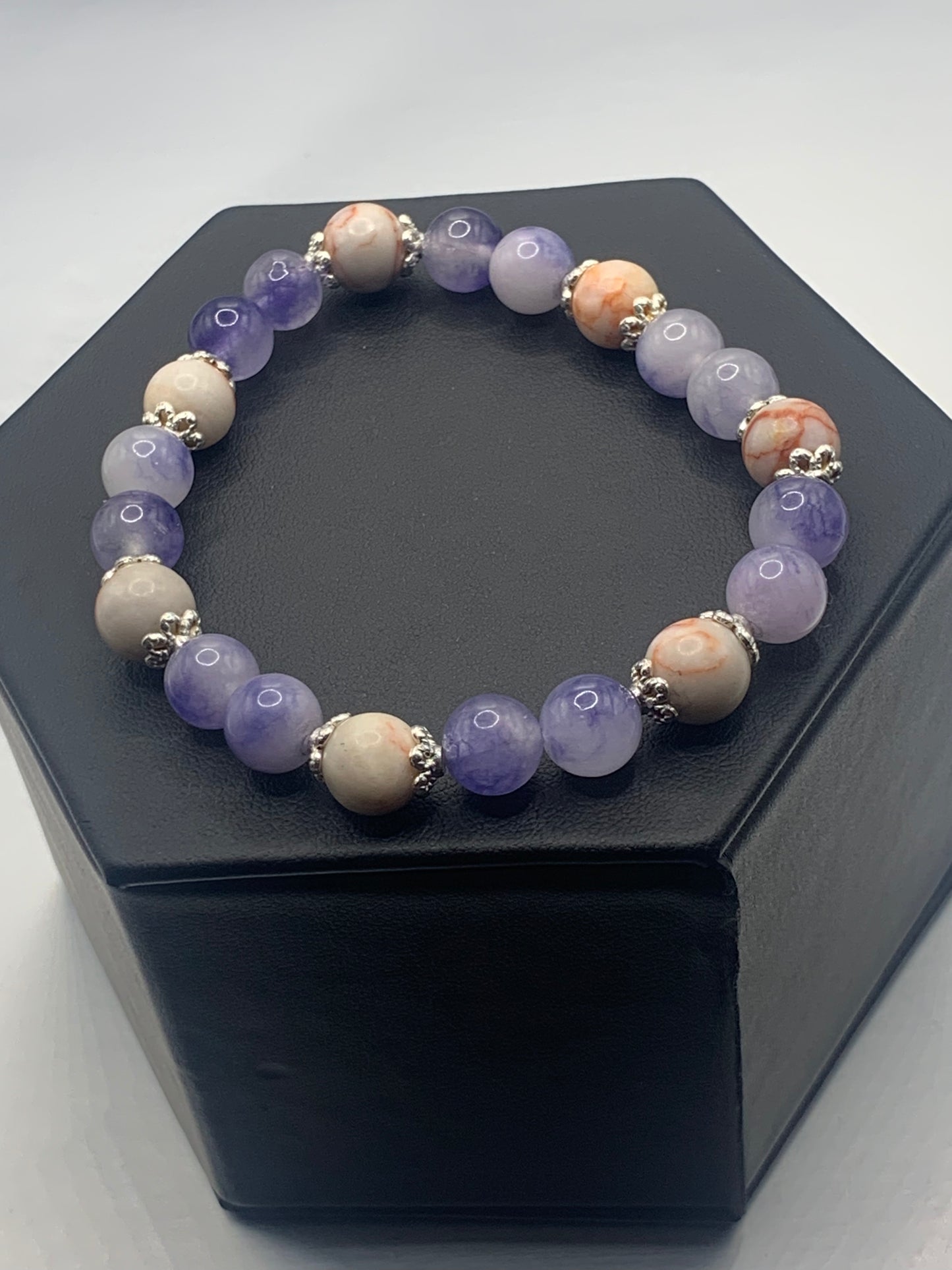 Red vein jasper and ice blue agate semi precious stone/crystal elastic beaded bracelet with silver plated flower bead caps