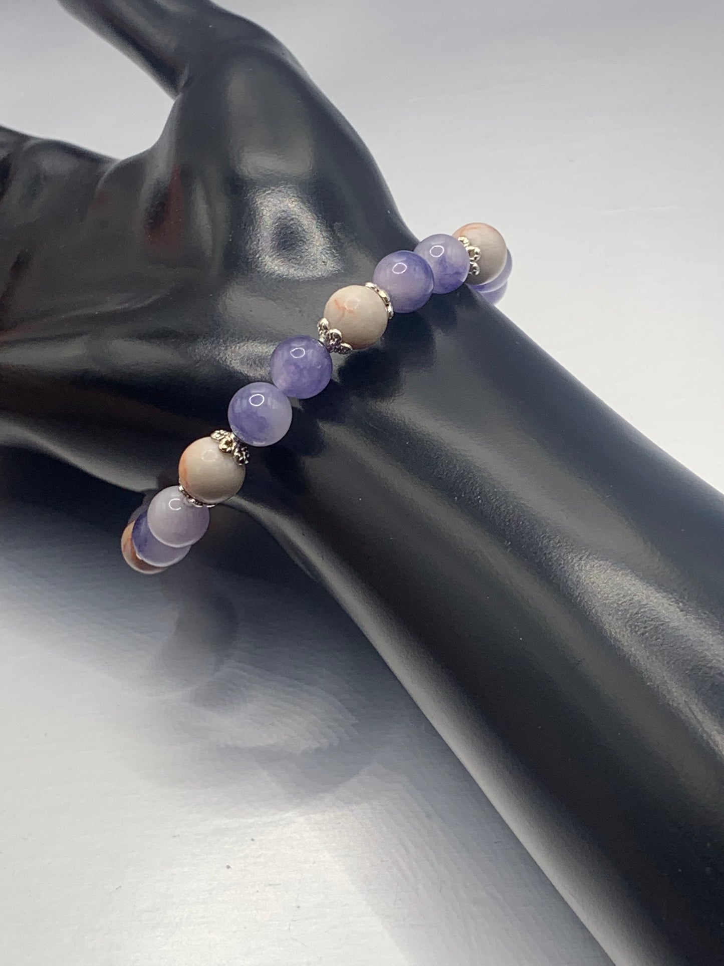 Red vein jasper and ice blue agate semi precious stone/crystal elastic beaded bracelet with silver plated flower bead caps