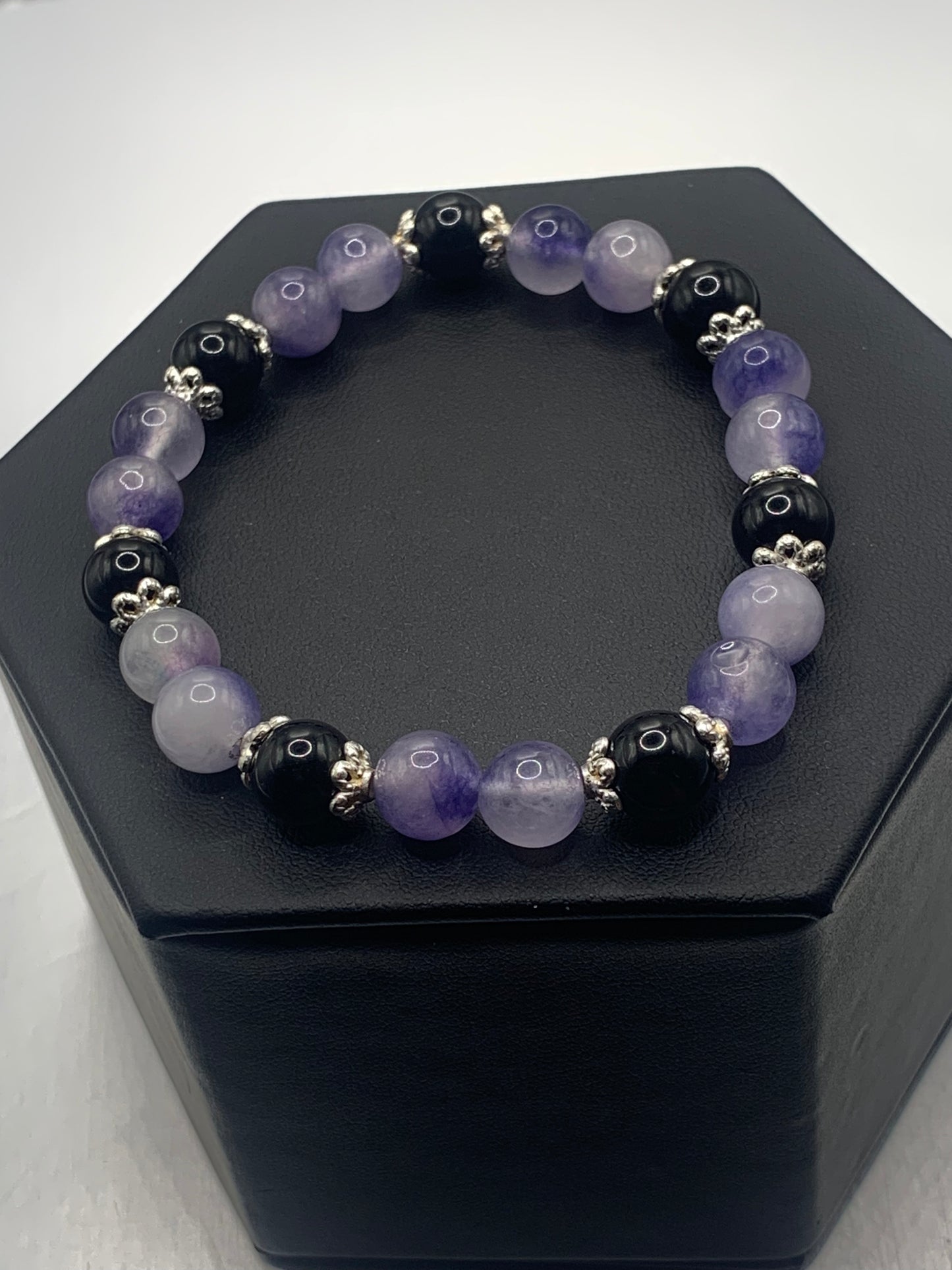 Black obsidian with ice blue agate semi precious stone/crystal beaded elastic bracelet with silver plated flower bead caps