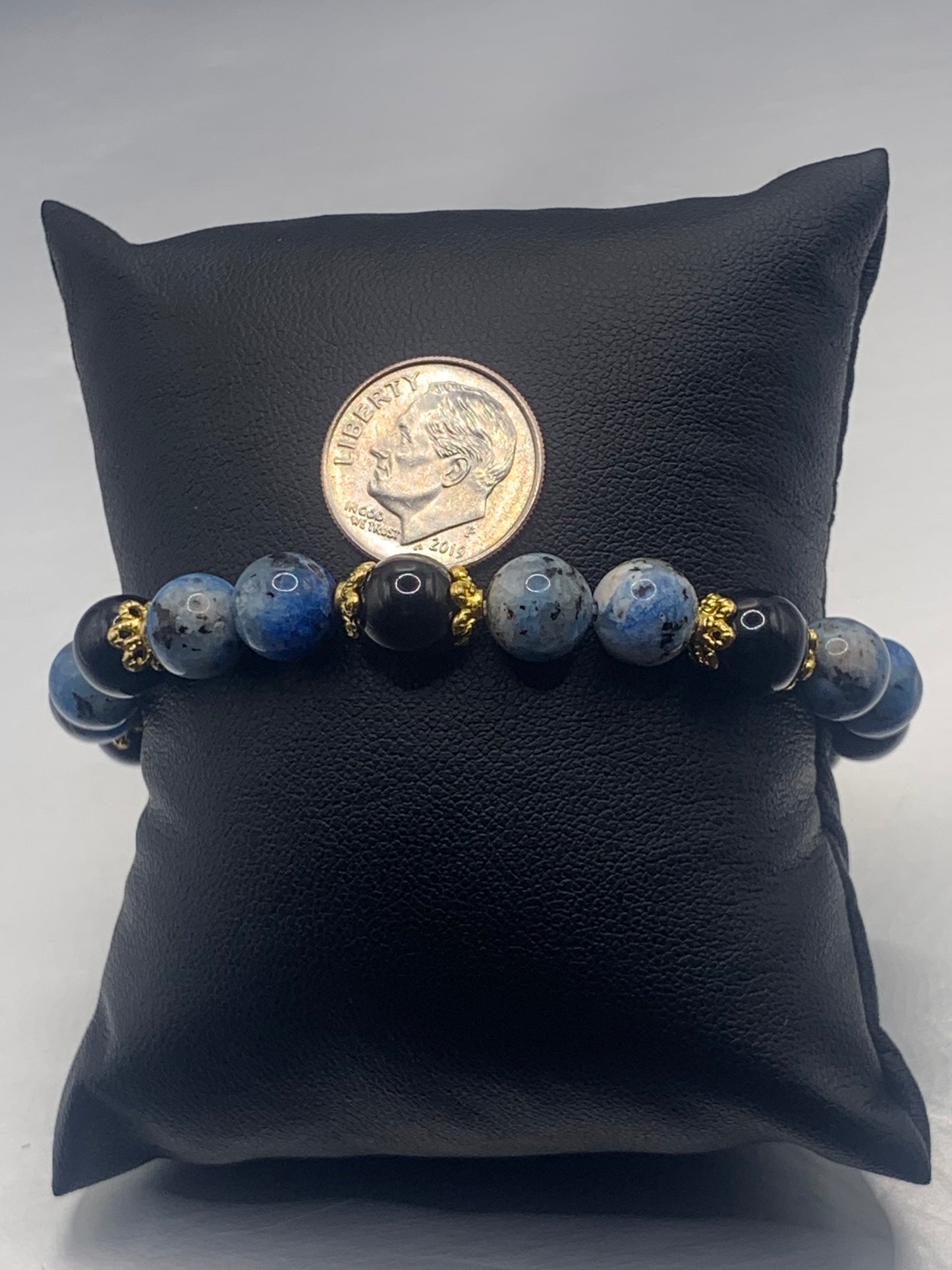 Black obsidian with k2 jasper semi precious stone/crystal beaded elastic bracelet with gold plated flower bead caps