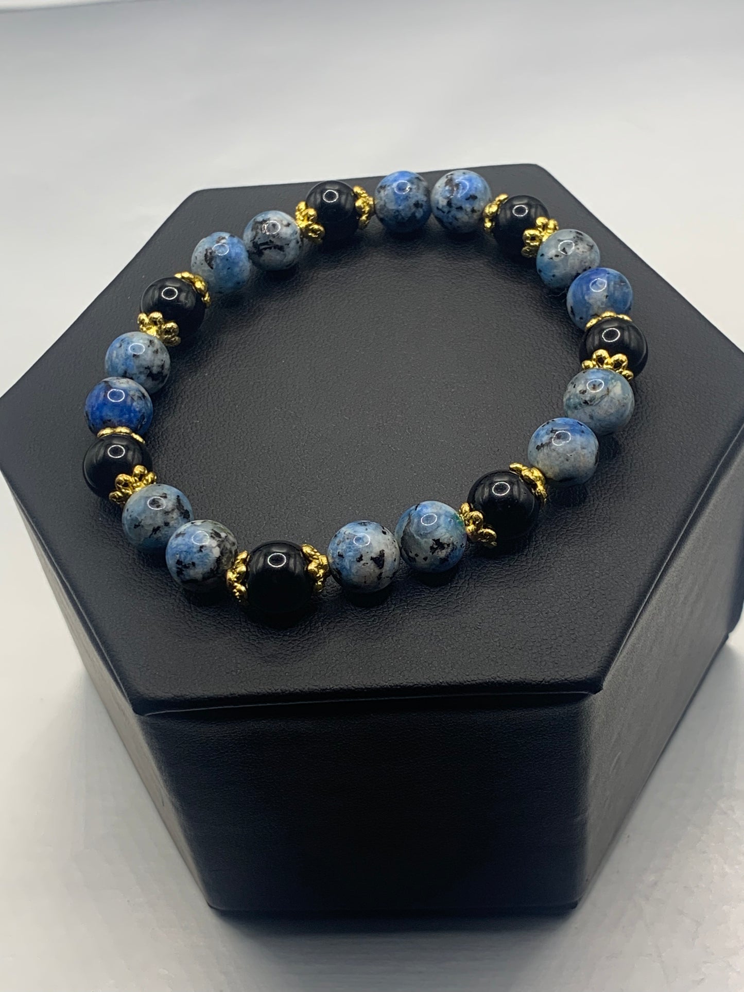Black obsidian with k2 jasper semi precious stone/crystal beaded elastic bracelet with gold plated flower bead caps