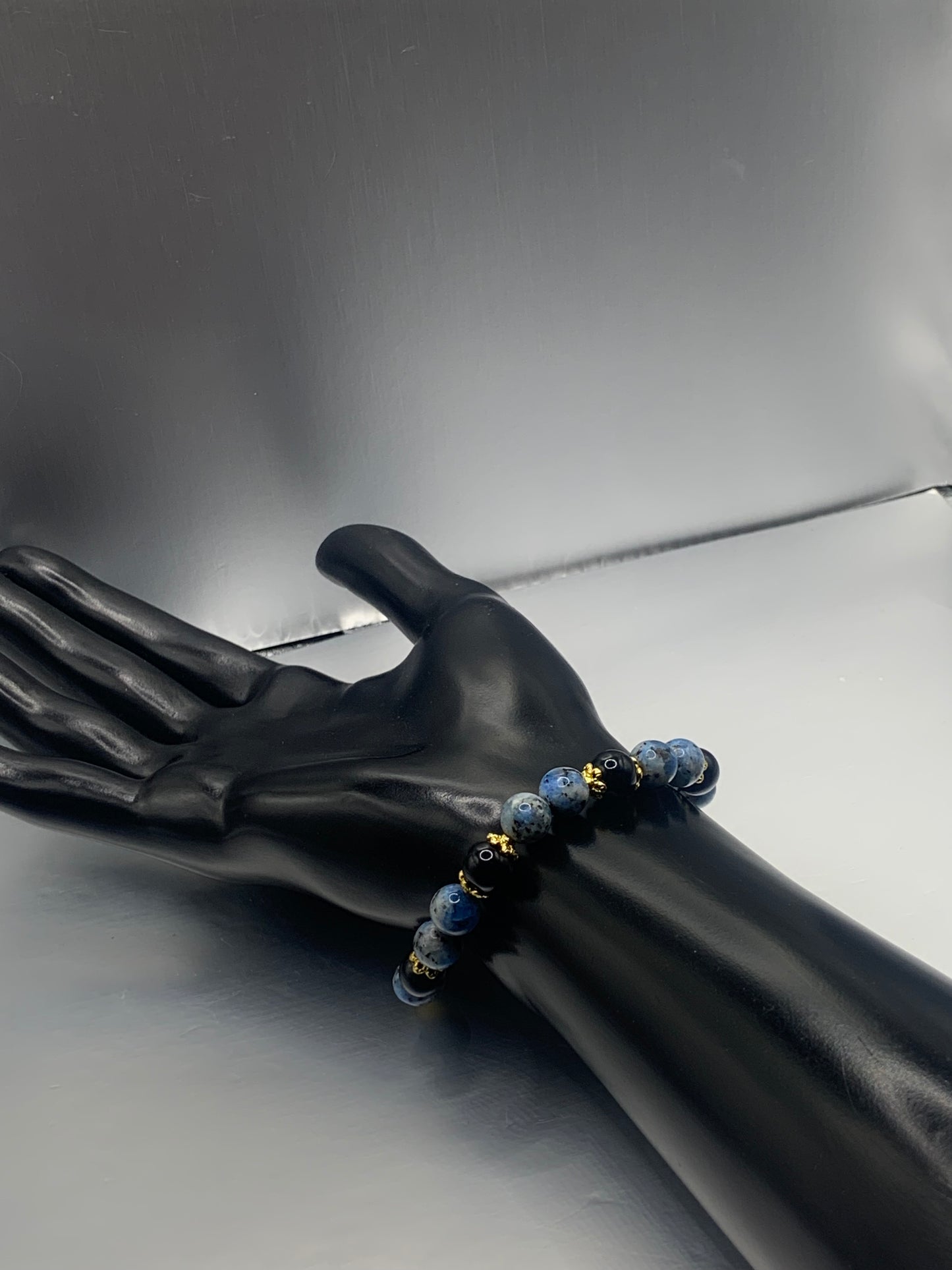 Black obsidian with k2 jasper semi precious stone/crystal beaded elastic bracelet with gold plated flower bead caps