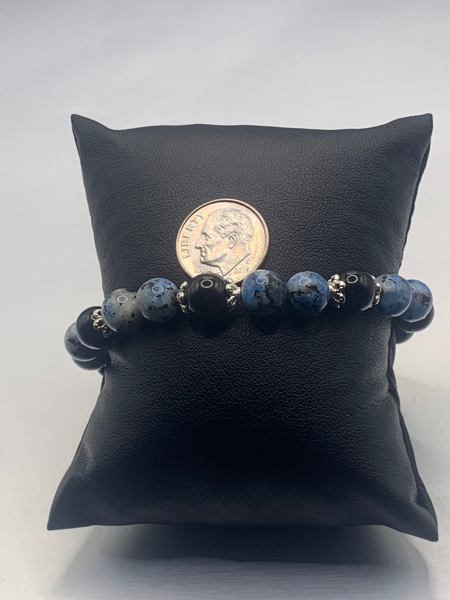 Black obsidian with k2 jasper semi precious stone/crystal beaded elastic bracelet with silver plated flower bead caps