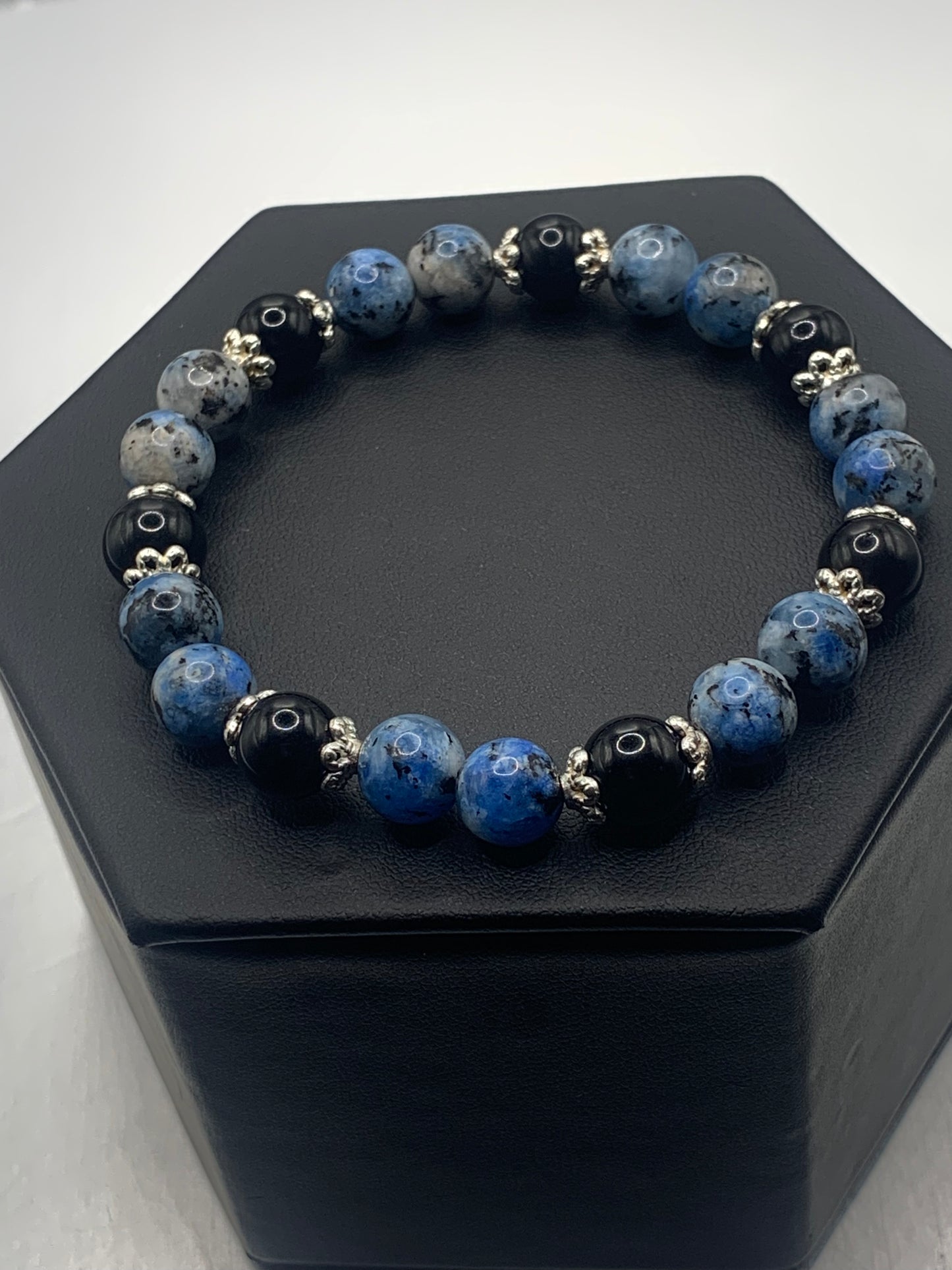 Black obsidian with k2 jasper semi precious stone/crystal beaded elastic bracelet with silver plated flower bead caps