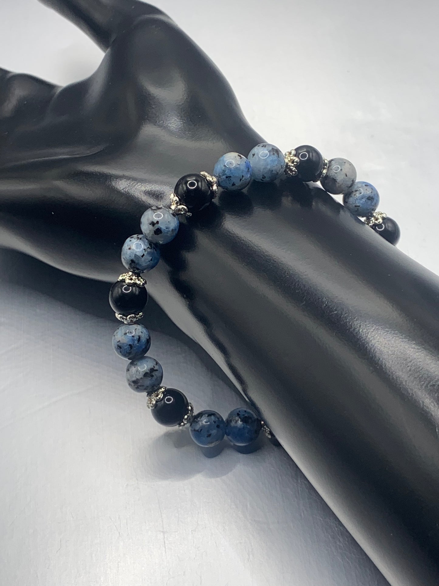 Black obsidian with k2 jasper semi precious stone/crystal beaded elastic bracelet with silver plated flower bead caps