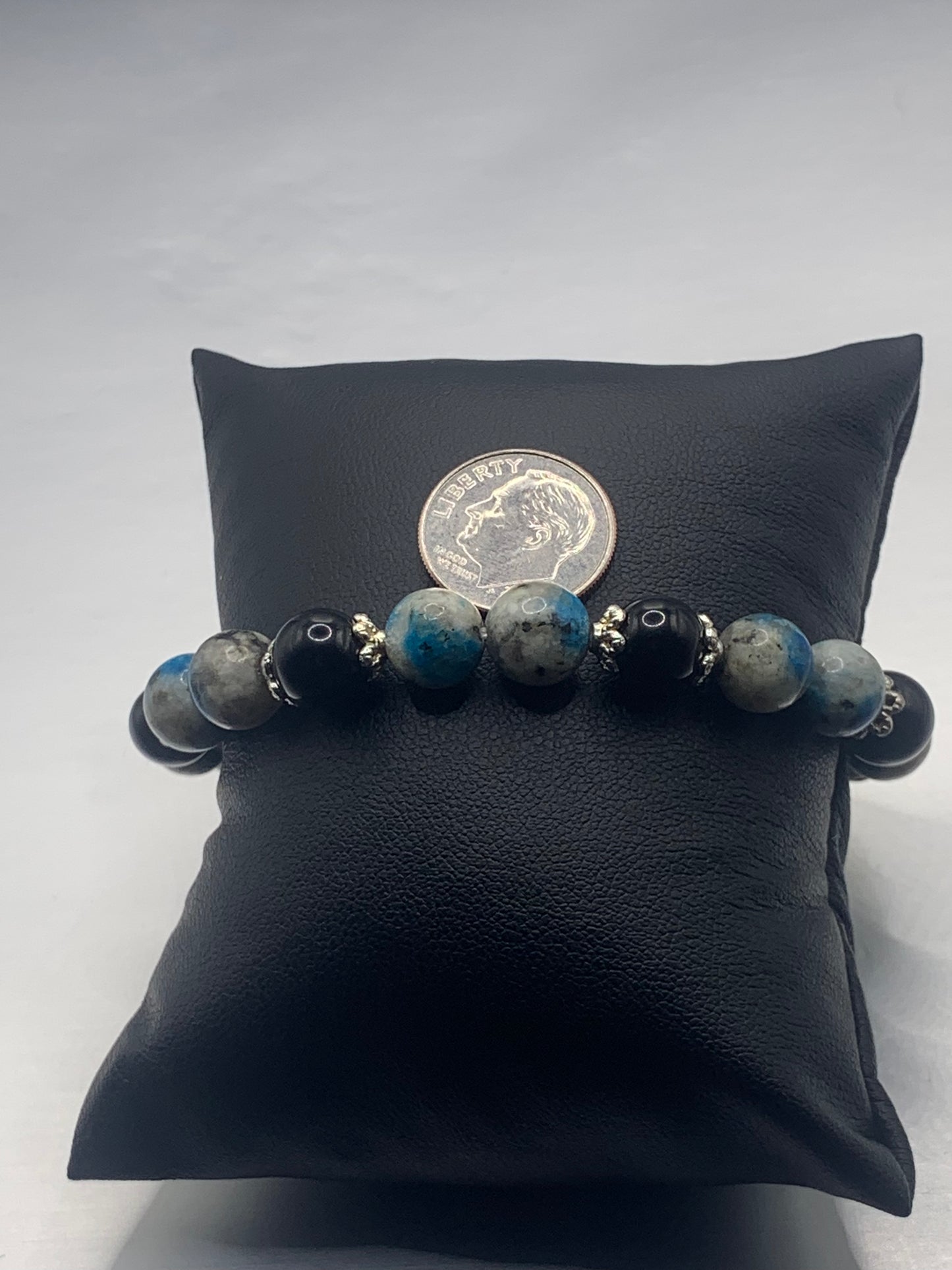 Black obsidian with k2 jasper semi precious stone/crystal beaded elastic bracelet with silver plated flower bead caps