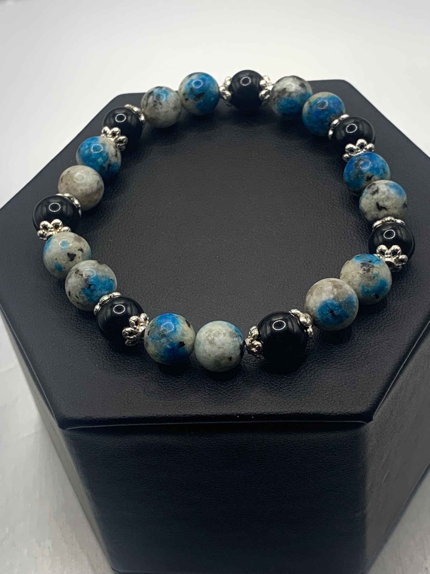 Black obsidian with k2 jasper semi precious stone/crystal beaded elastic bracelet with silver plated flower bead caps